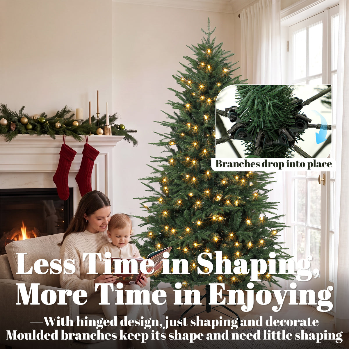 6ft Prelit Christmas Tree, Wide Spruce, Artificial Hinged Xmas Tree with 300 Warm White LED Lights, 2345 Tips, Foldable Metal Stand for Holiday, Green