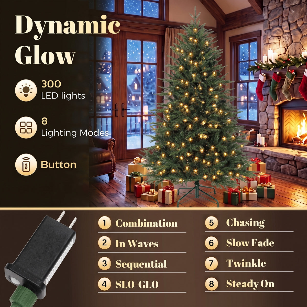 6ft Prelit Christmas Tree, Wide Spruce, Artificial Hinged Xmas Tree with 300 Warm White LED Lights, 2345 Tips, Foldable Metal Stand for Holiday, Green