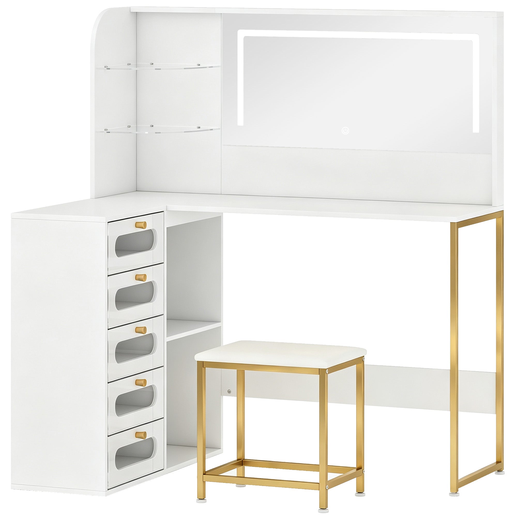 Dressing Table with Adjustable LED Mirror and Padded Stool, Corner L-Shaped Vanity Desk with 5 Drawers, 2 Open Shelves, 2 Glass Shelves, Modern Makeup Table for Bedroom, 120x80x135 cm, White