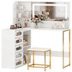 Dressing Table with Adjustable LED Mirror and Padded Stool, Corner L-Shaped Vanity Desk with 5 Drawers, 2 Open Shelves, 2 Glass Shelves, Modern Makeup Table for Bedroom, 120x80x135 cm, White