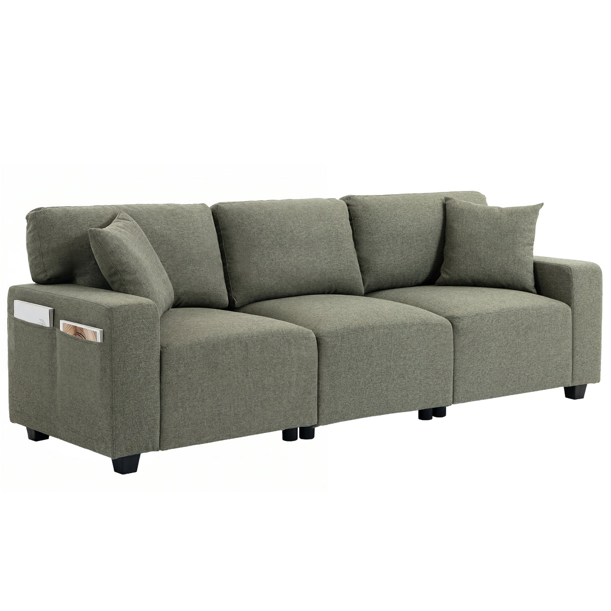 3 Seater Sofa, Linen-Look Fabric Upholstered Small Couch, Modern Sofa Settee with Storage Pockets, Pocket Springs and 2 Pillows for Living Room, Green