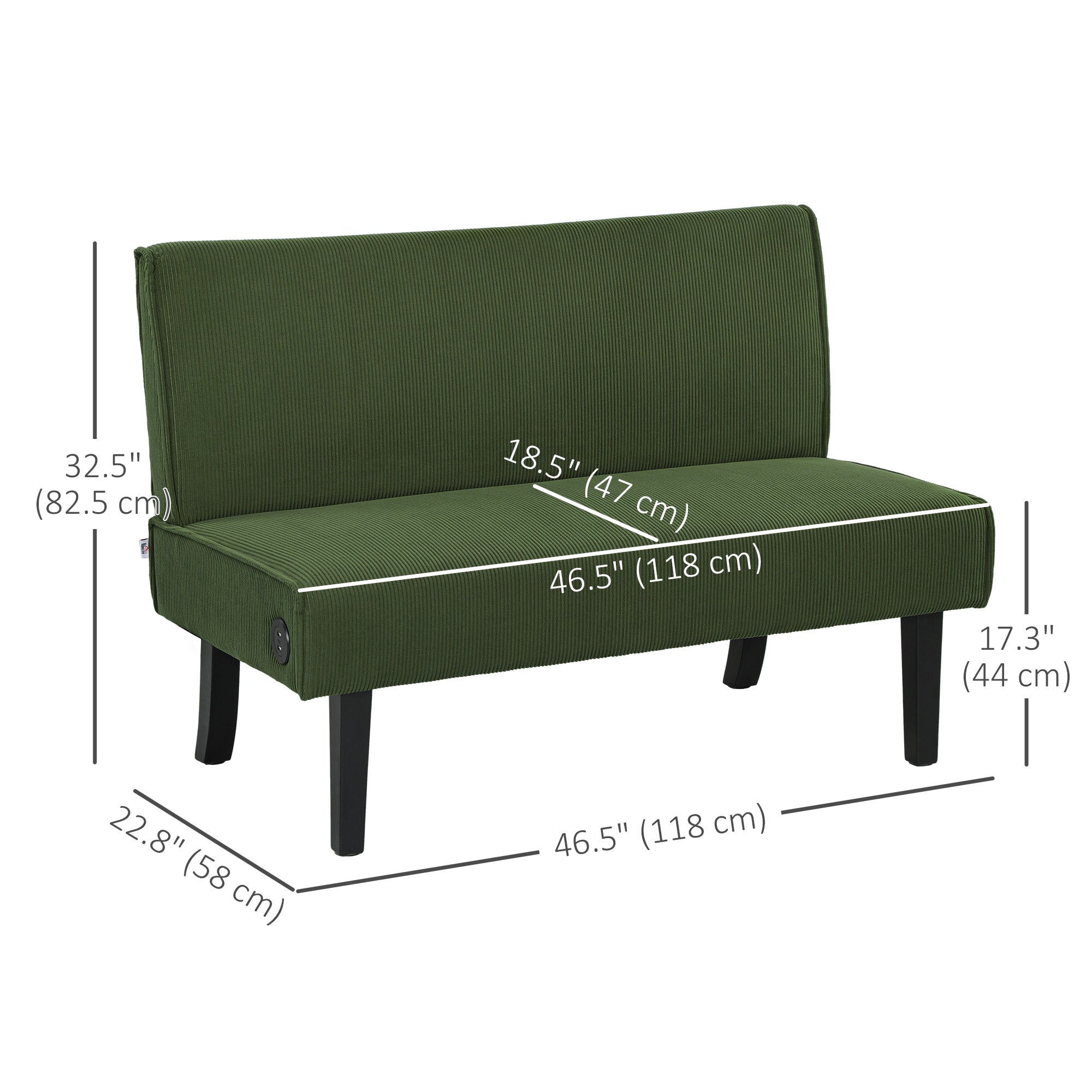 HOMCOM 46.5" Loveseat with USB Ports, Modern Love Seat with Rubber Wood Legs, Corduroy 2 Seater Sofa Couch for Living Room, Bedroom, Home Office, Small Space, Green