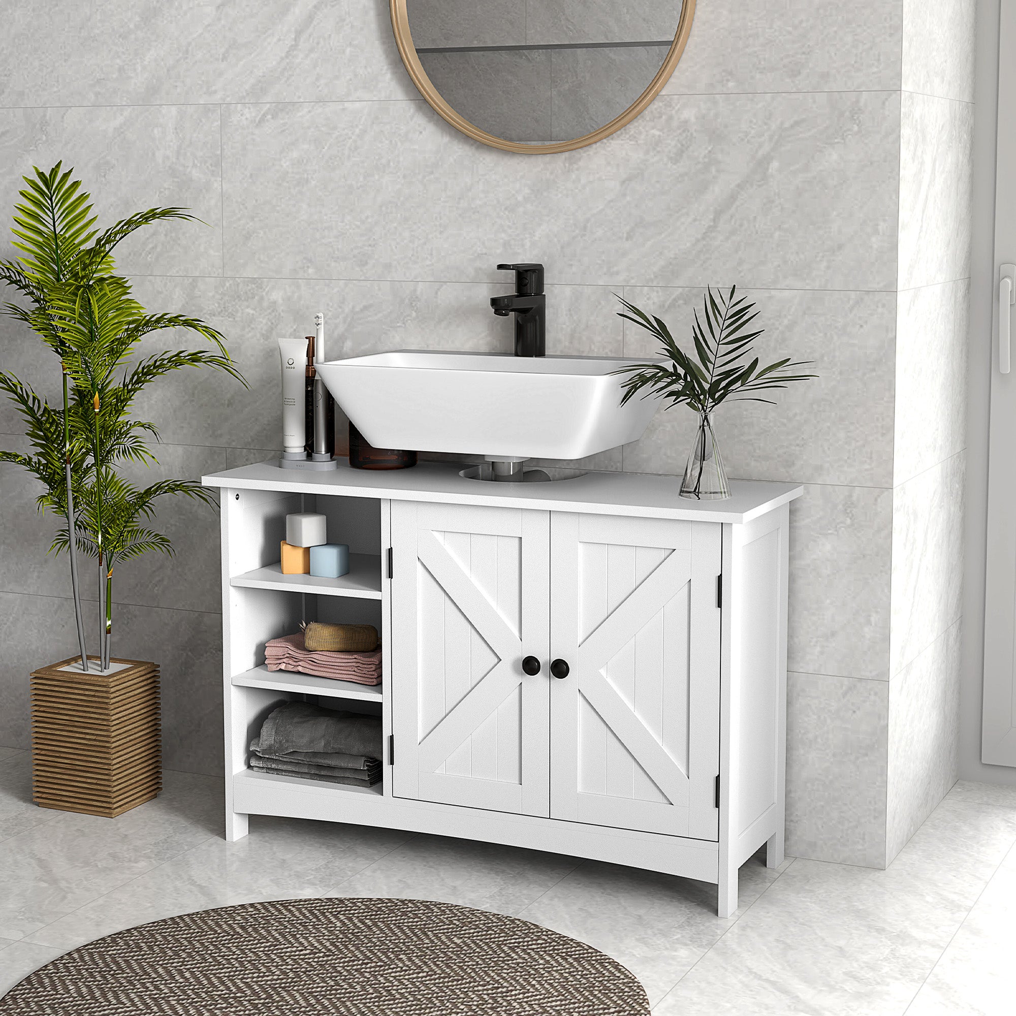 Bathroom Vanity Cabinet, Modern Farmhouse Under Sink Storage Cabinet with Double Doors, Open and Adjustable Shelves for Wall-Mounted Sink, 35.4" W x 11.8" D x 23.6" H, White