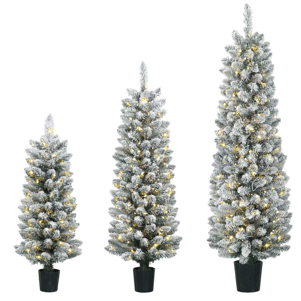 Prelit Snowy Flocked Artificial Christmas Tree Set of 3, Slim Xmas Tree with PVC Tips, Warm White LED Lights, 8 Modes, Space Saving Pencil Xmas Decoration Tree 3FT+4FT+5FT