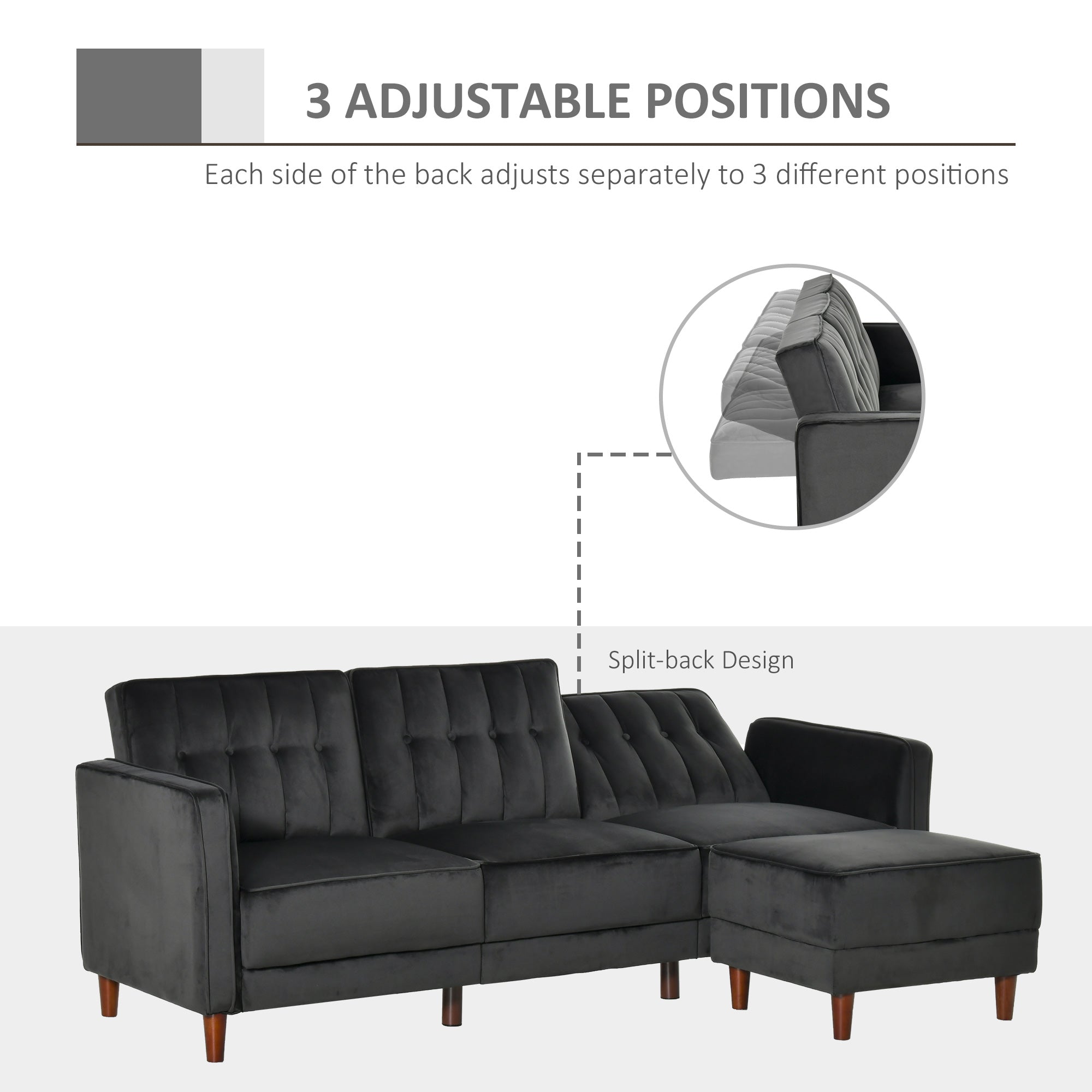 Upholstered L-Shaped Sofa Bed, Reversible Sectional Recliner Sofa Set, Velvet-Touch Sleeper Futon with Footstool, Black