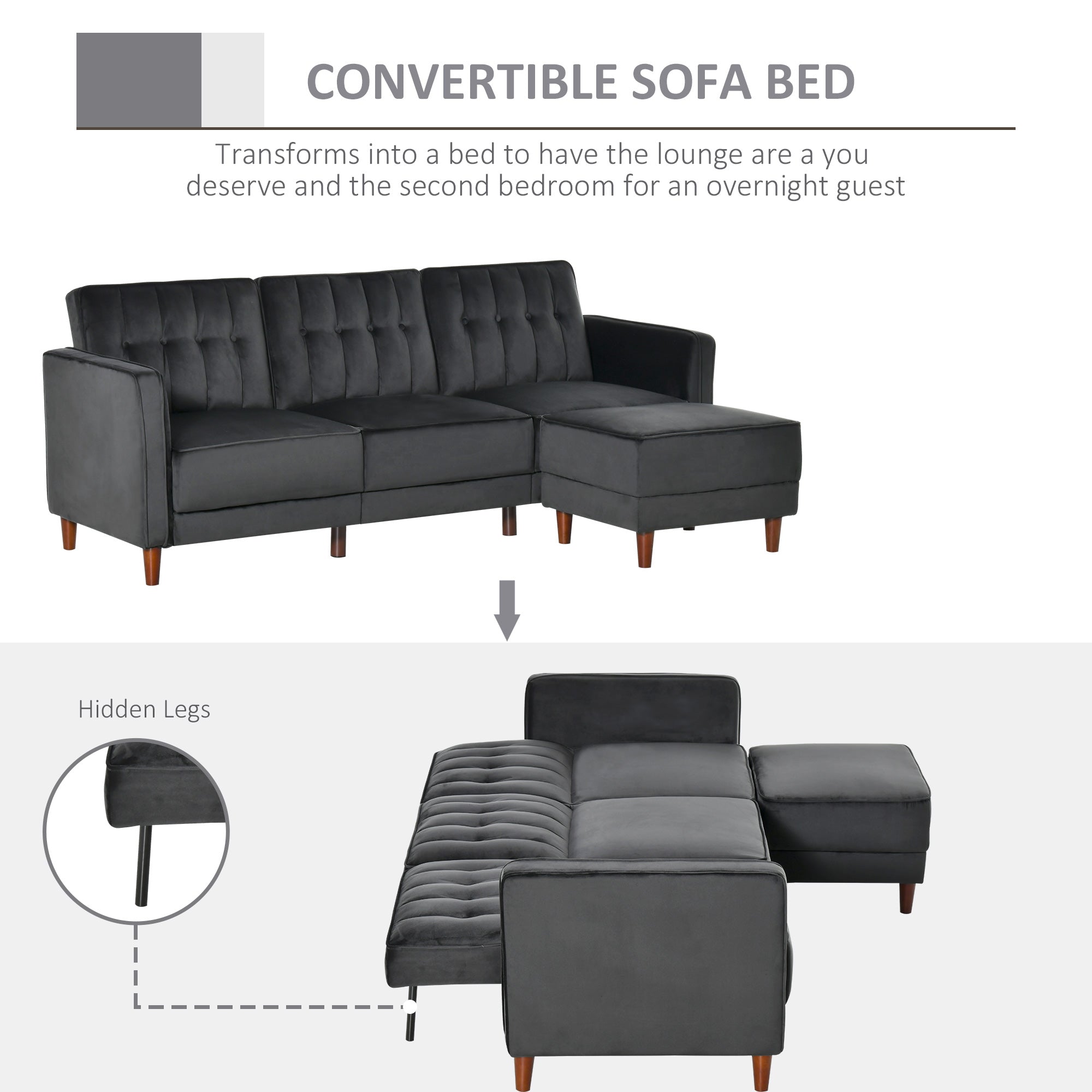 Upholstered L-Shaped Sofa Bed, Reversible Sectional Recliner Sofa Set, Velvet-Touch Sleeper Futon with Footstool, Black