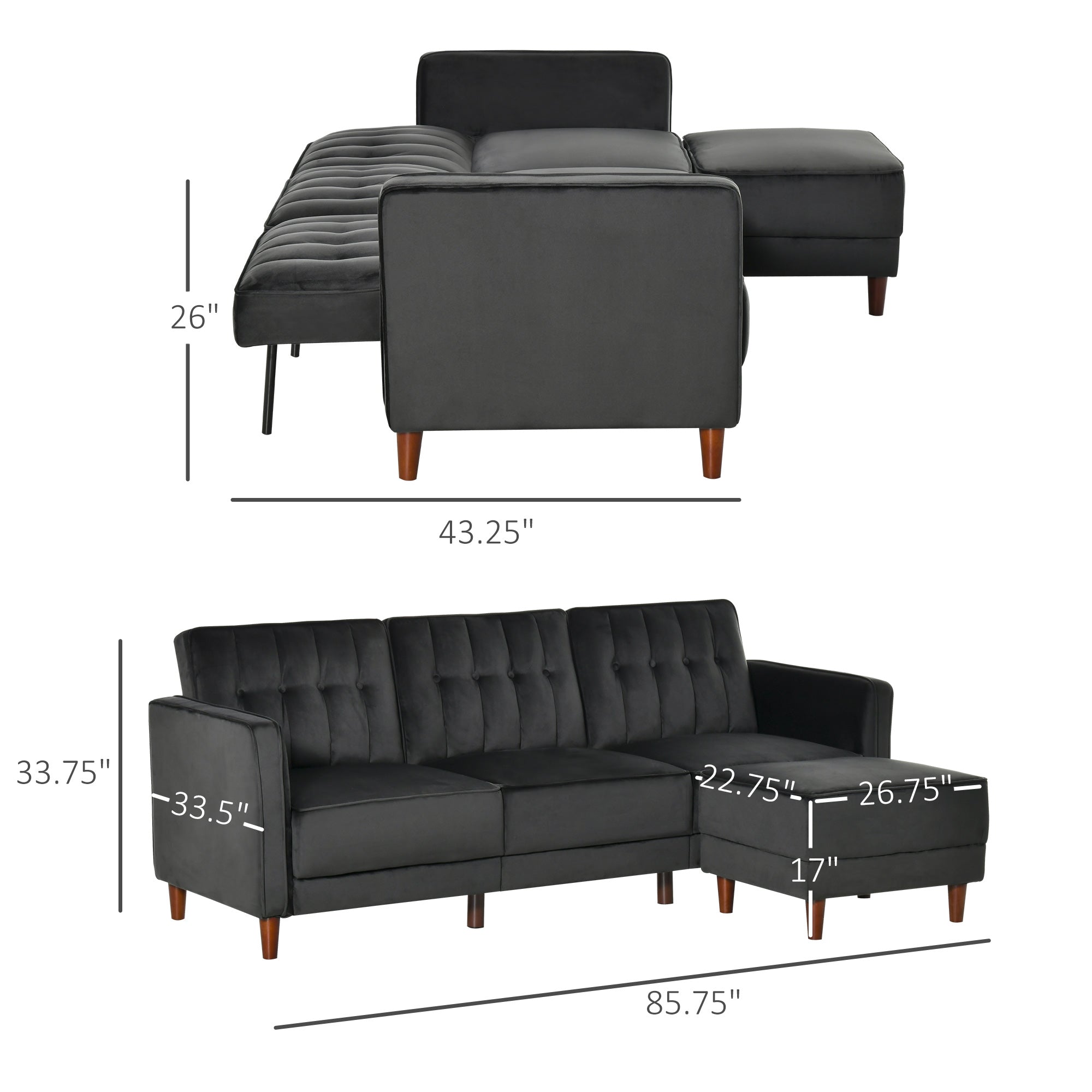 Upholstered L-Shaped Sofa Bed, Reversible Sectional Recliner Sofa Set, Velvet-Touch Sleeper Futon with Footstool, Black