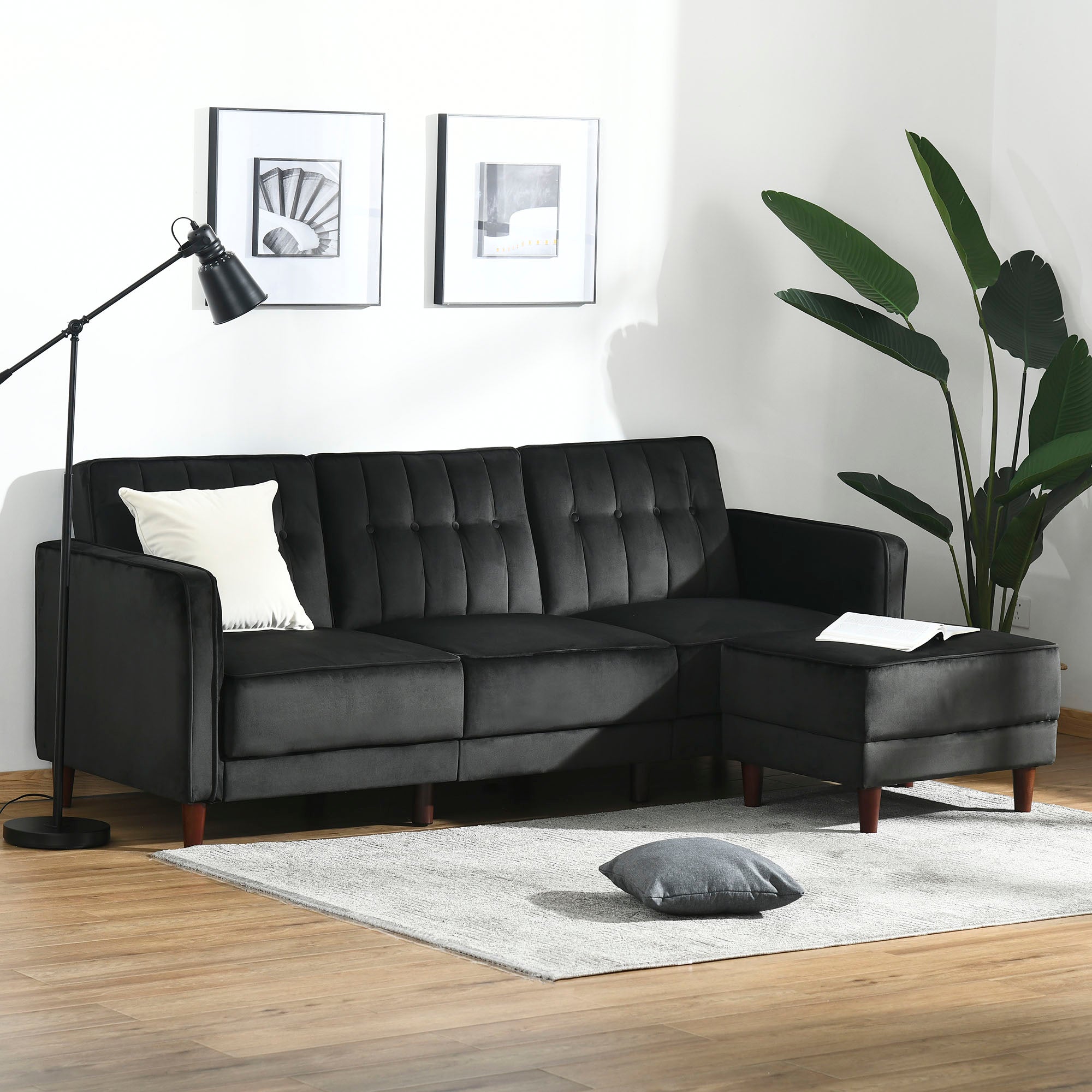 Upholstered L-Shaped Sofa Bed, Reversible Sectional Recliner Sofa Set, Velvet-Touch Sleeper Futon with Footstool, Black
