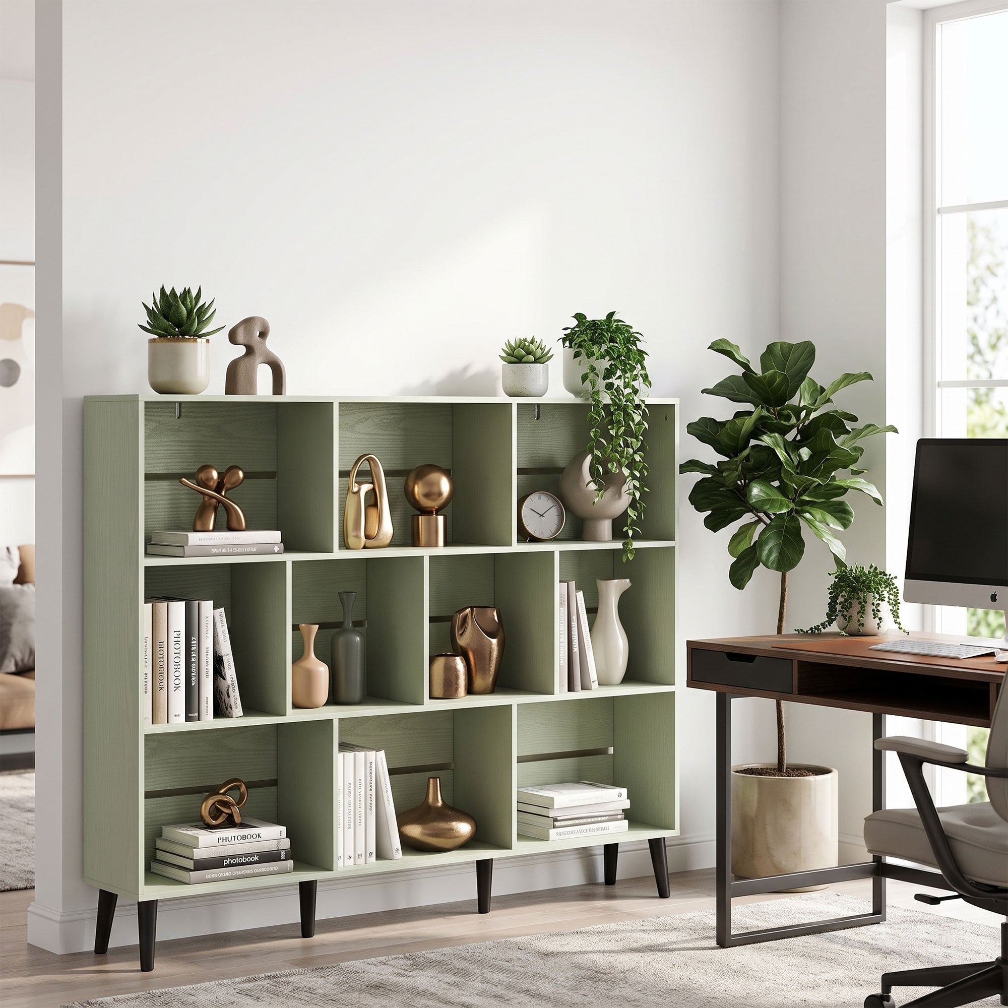 10-Cube Bookshelf, 3-Tier Bookcase with Solid Wood Legs, 140 cm Modern Freestanding Book Shelf with Anti-Tip Kit for Bedroom Living Room Study Office, Light Green