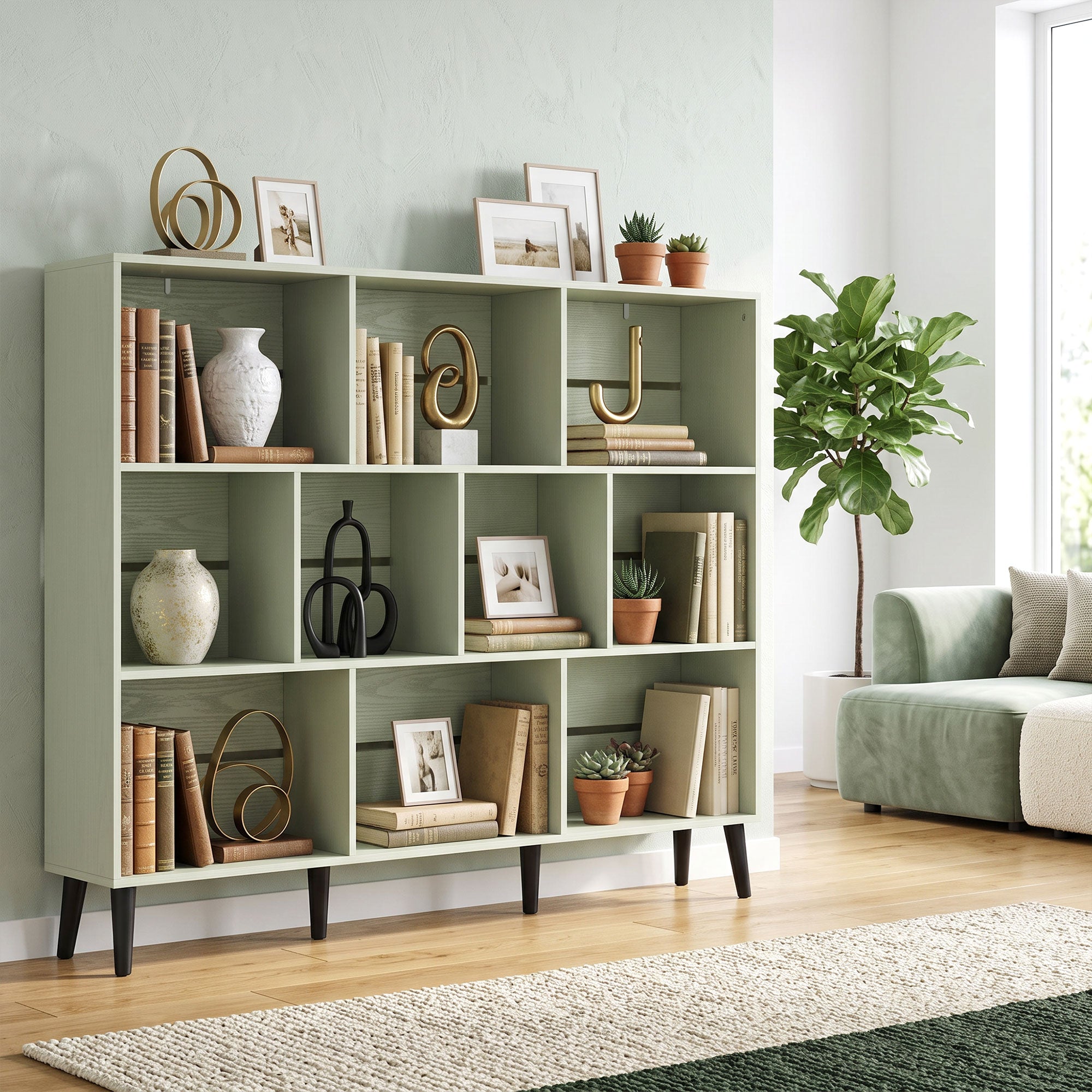 10-Cube Bookshelf, 3-Tier Bookcase with Solid Wood Legs, 140 cm Modern Freestanding Book Shelf with Anti-Tip Kit for Bedroom Living Room Study Office, Light Green