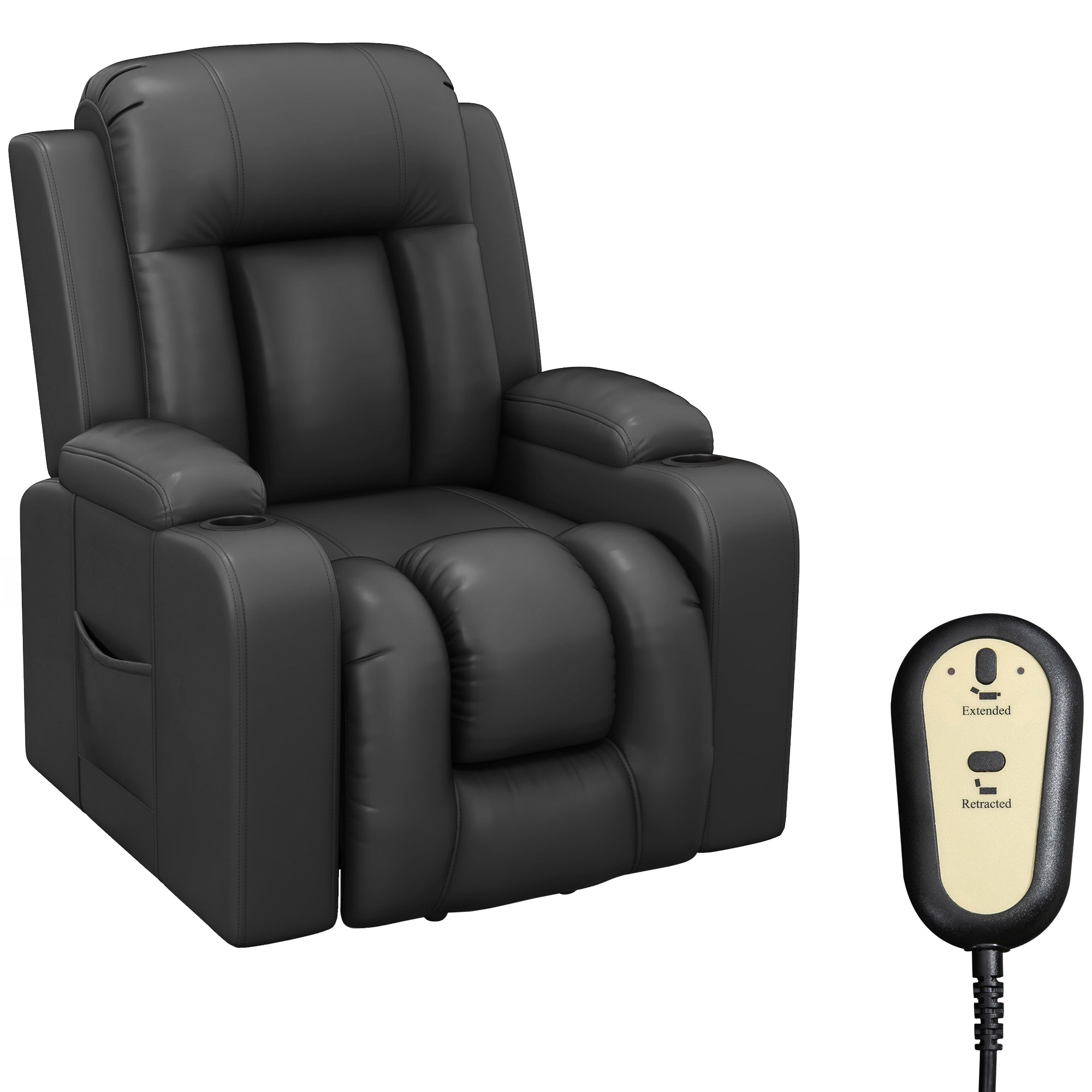 HOMCOM Electric Power Lift Chair, PU Leather Recliner Sofa with Footrest, Remote Control and Cup Holders, Grey