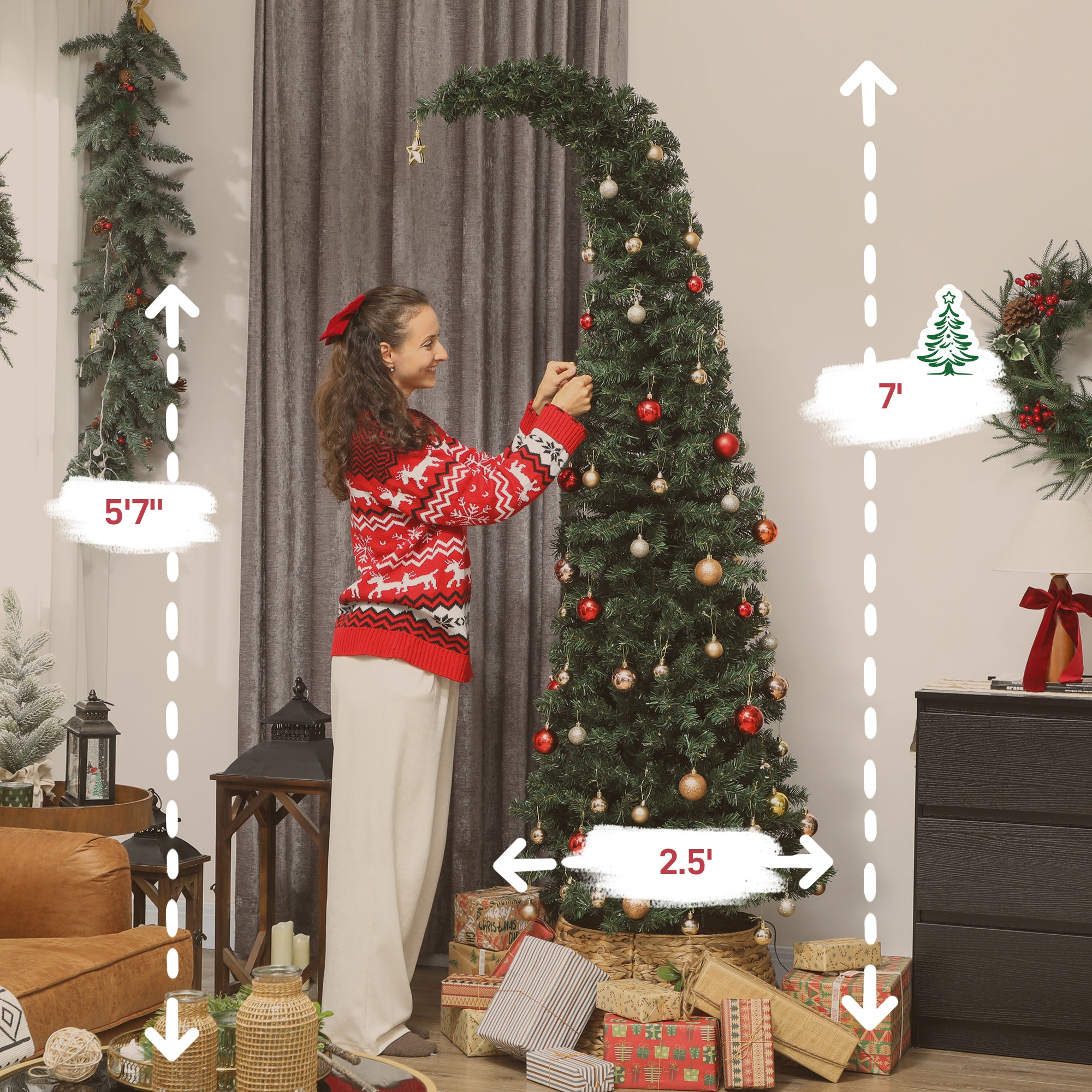 7 ft Prelit Whimsical Christmas Tree, Slim High Mountain Fir Holiday Decor with 300 Warm White LEDs and 8 Modes, Xmas Tree with 777 Tips and Metal Stand for Home Office, Green