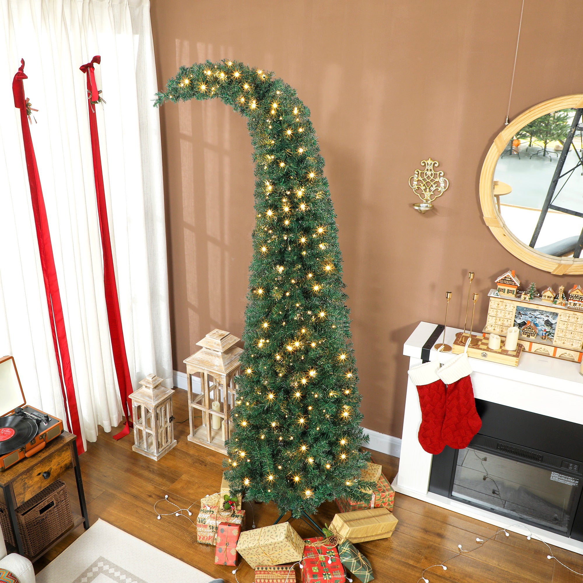 7 ft Prelit Whimsical Christmas Tree, Slim High Mountain Fir Holiday Decor with 300 Warm White LEDs and 8 Modes, Xmas Tree with 777 Tips and Metal Stand for Home Office, Green