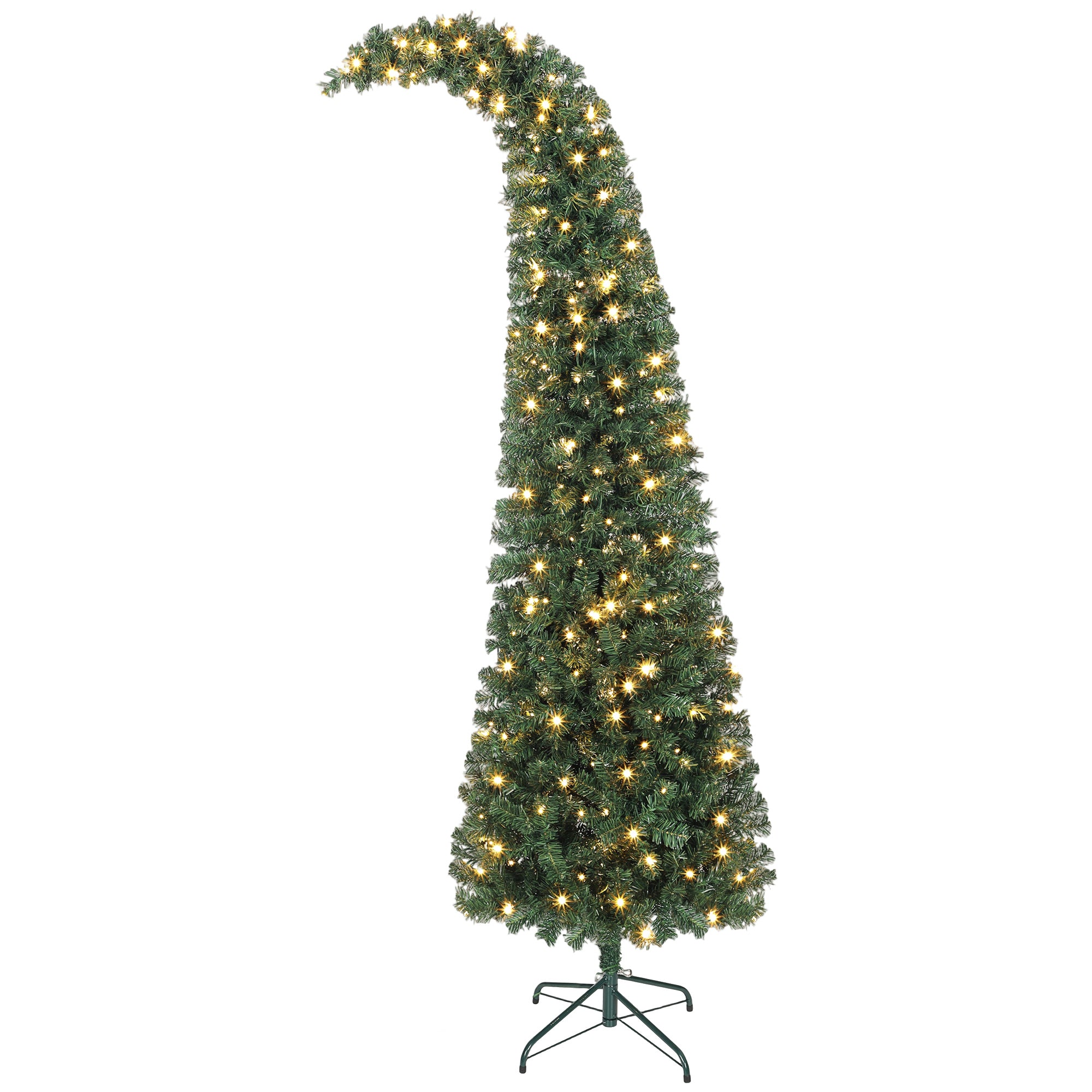 7 ft Prelit Whimsical Christmas Tree, Slim High Mountain Fir Holiday Decor with 300 Warm White LEDs and 8 Modes, Xmas Tree with 777 Tips and Metal Stand for Home Office, Green