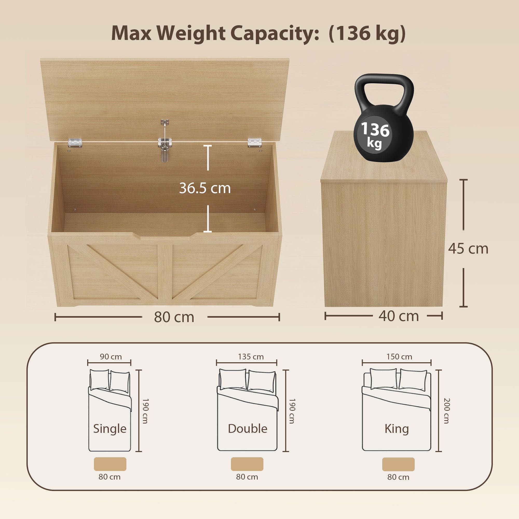 100L Storage Chest, Shoe Storage Trunk Bench Box with Safety Hinge and U-shaped Cut-out Pull, Blanket Box Ottoman for Bedroom, Living Room, Entryway, 80 x 40 x 45 cm, Nature Wood Finish