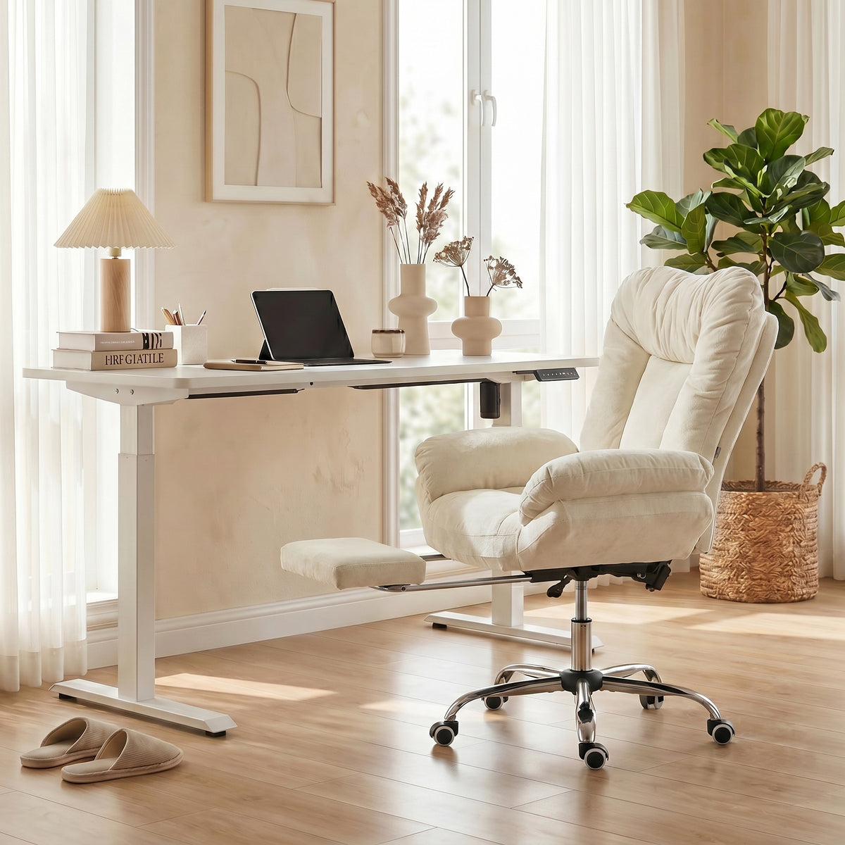 Criss Cross Office Chair with Footrest, Swivel Wheels, Wide Task Desk Chair with Overstuffed Reclining Backrest, Waterfall Arms, Adjustable Height, Cross Legged, Beige