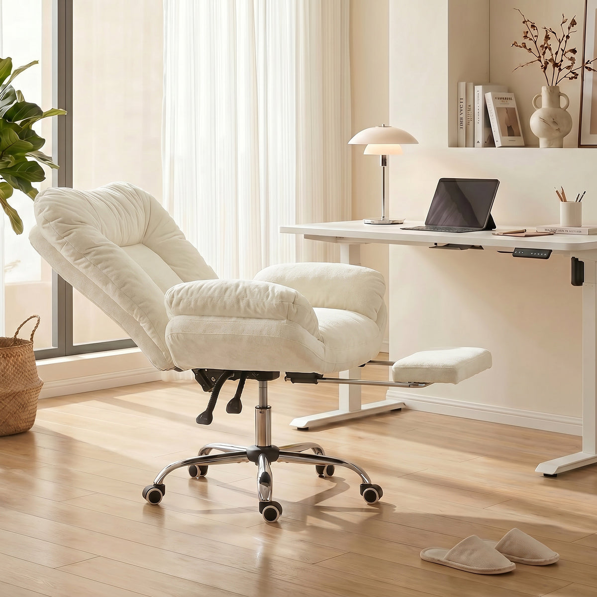 Criss Cross Office Chair with Footrest, Swivel Wheels, Wide Task Desk Chair with Overstuffed Reclining Backrest, Waterfall Arms, Adjustable Height, Cross Legged, Beige