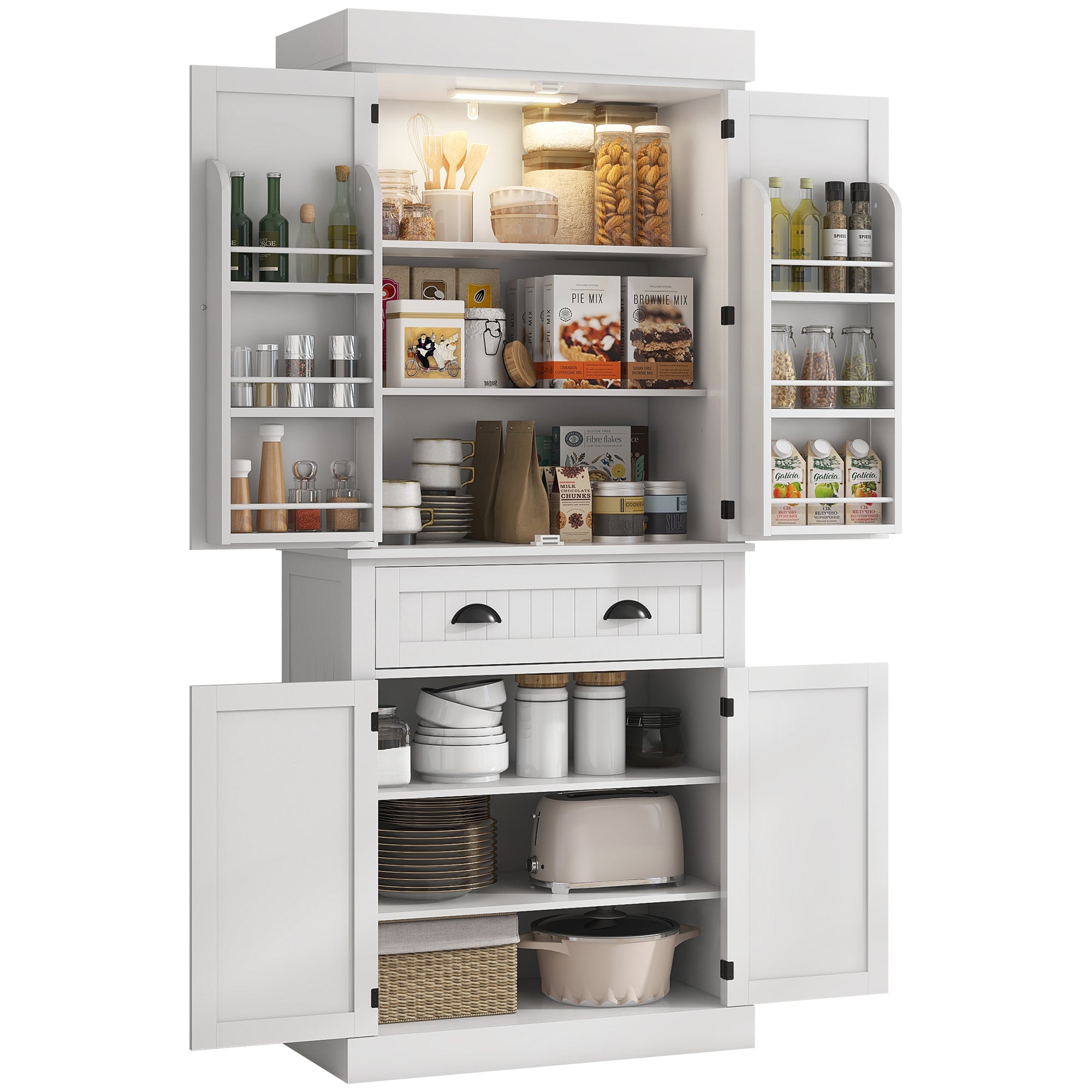 71" Kitchen Pantry Cabinet with LED Lights, 6 Door Shelves, a Drawer and 4 Adjustable Shelves, White