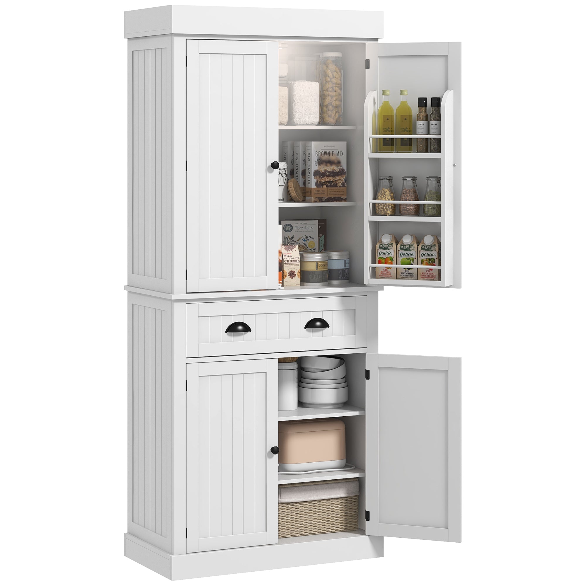 71" Kitchen Pantry Cabinet with LED Lights, 6 Door Shelves, a Drawer and 4 Adjustable Shelves, White