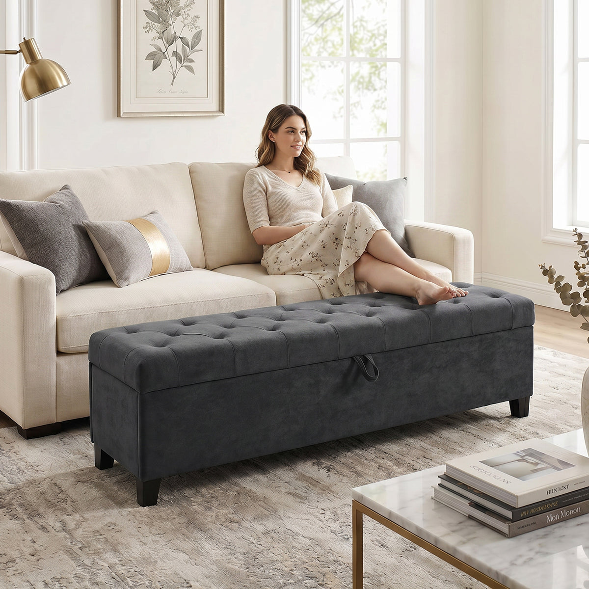63" Storage Ottoman Bench, End of Bed Bench for Queen/King Bed, 63"x16.1"x17.7", Velvet Fabric Tufted Storage Chest for Living Room, Bedroom, Entryway, 528 lb, Dark Grey