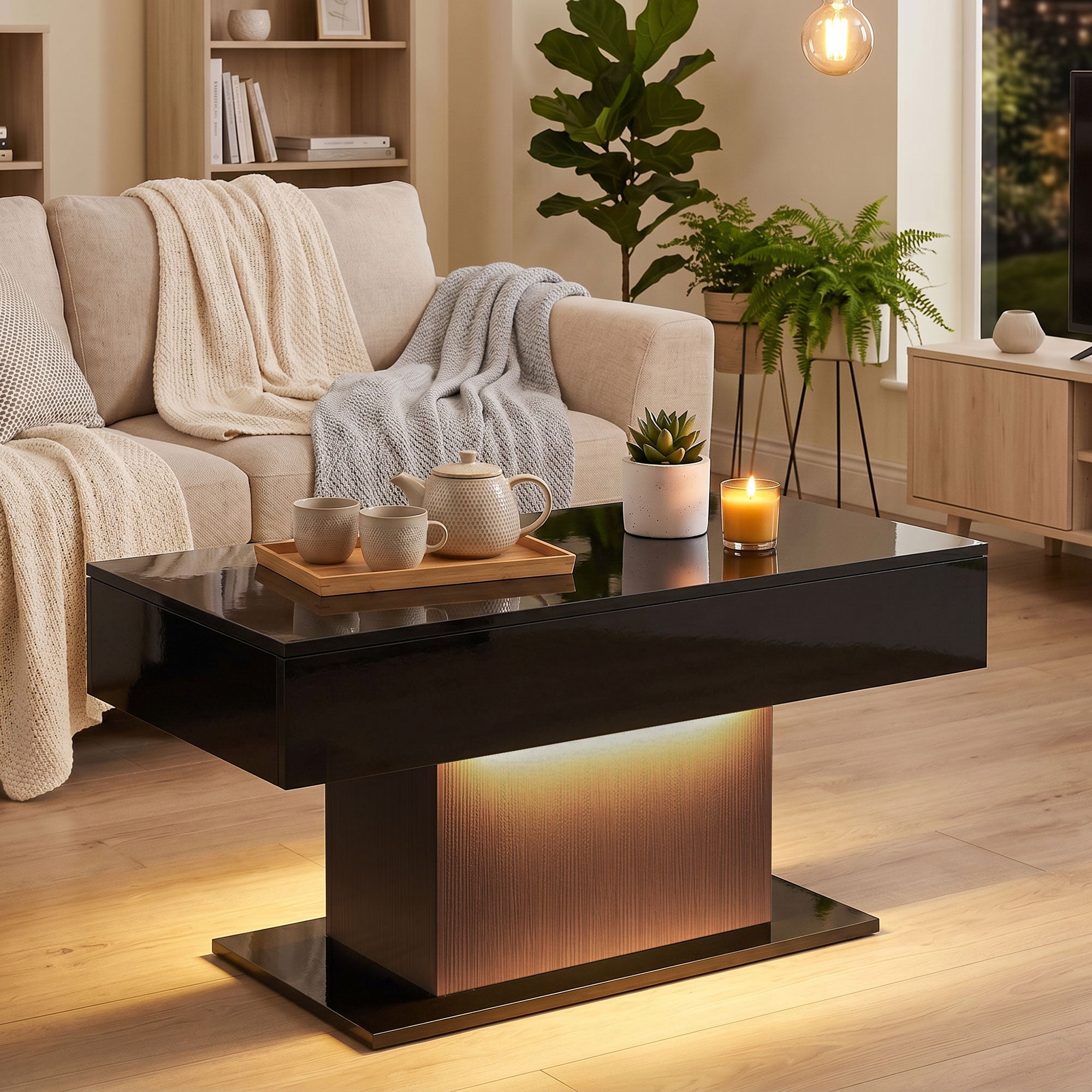 LED Coffee Table with Storage, High Gloss Modern Center Table with 2 Drawers and Remote Control for Living Room, Black