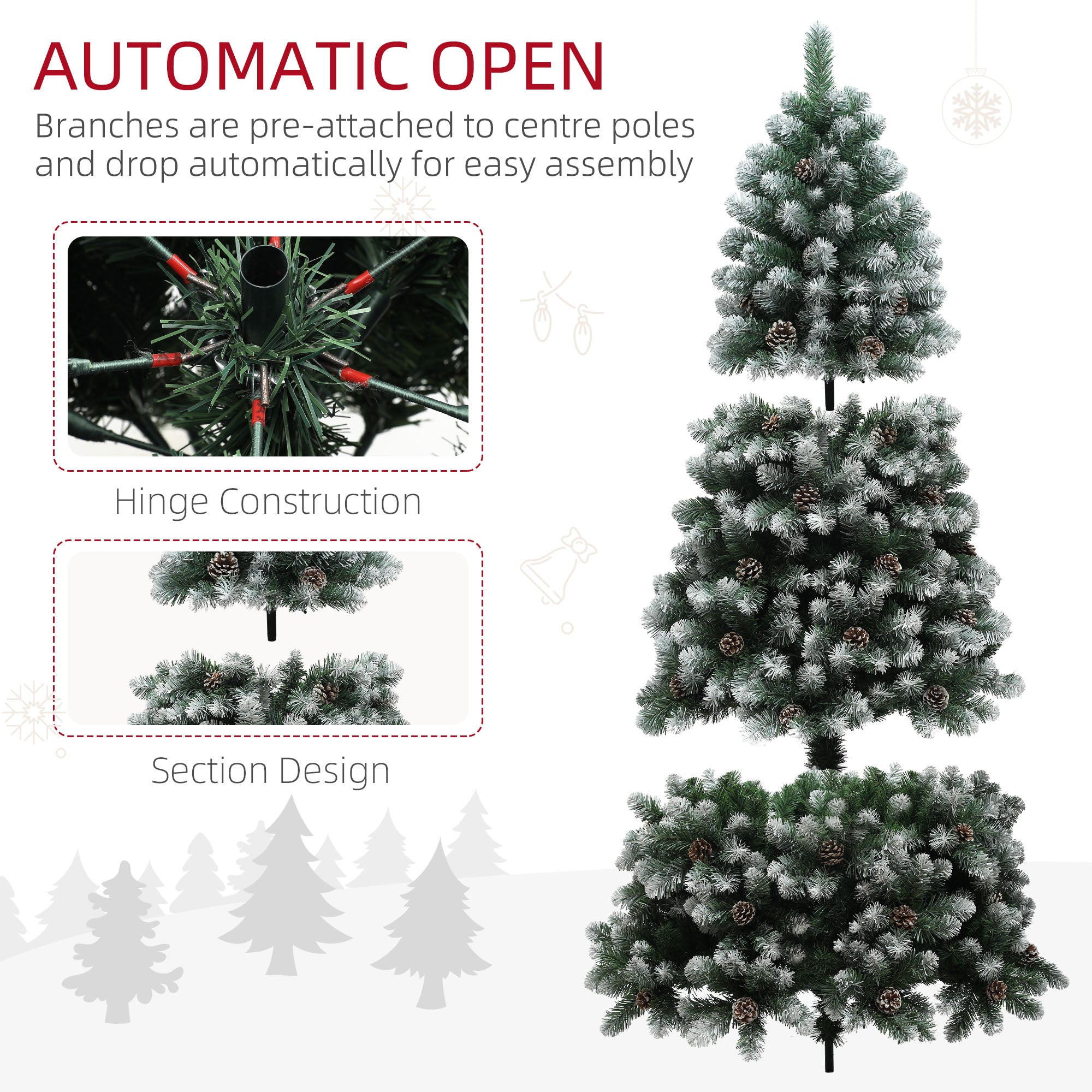 7ft Artificial Pine Christmas Tree with 1152 Branch Tips and Steel Base, Realistic Hinged Tree with Pinecones, Holiday Décor for Home Office, Green