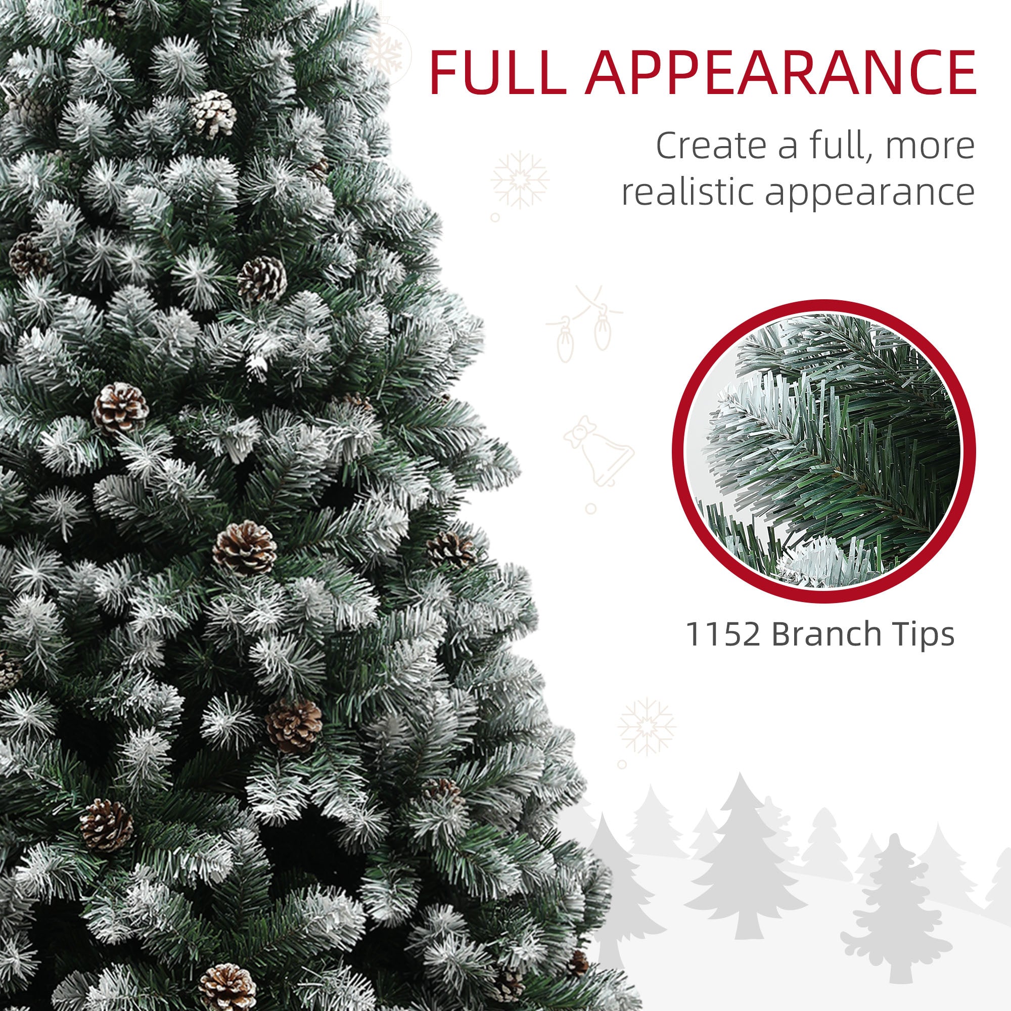 7ft Artificial Pine Christmas Tree with 1152 Branch Tips and Steel Base, Realistic Hinged Tree with Pinecones, Holiday Décor for Home Office, Green