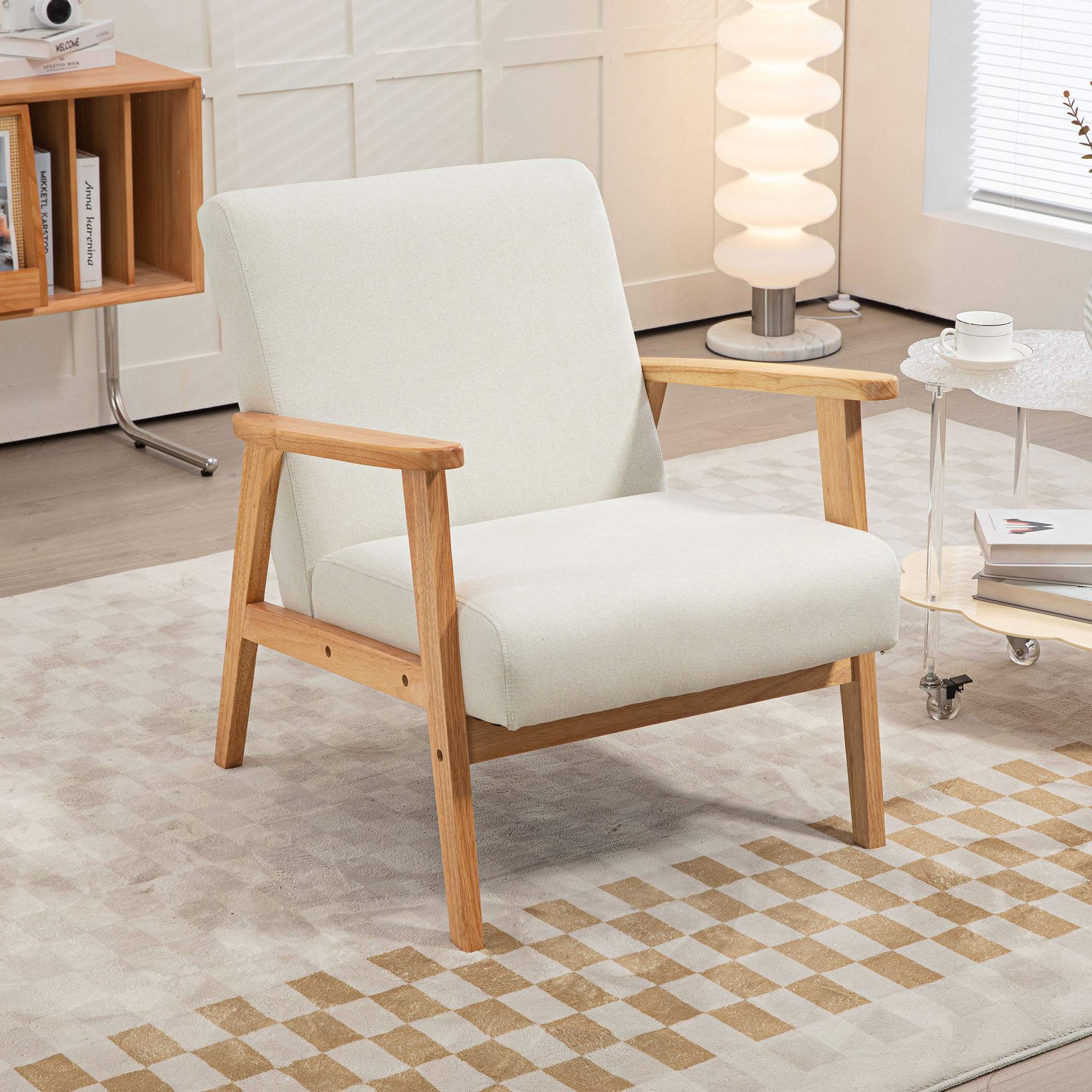 HOMCOM Fabric Accent Chair, Upholstered Armchair, Mid-Century Modern Living Room Chair with Wood Legs and Padded Cushion for Bedroom, Cream White