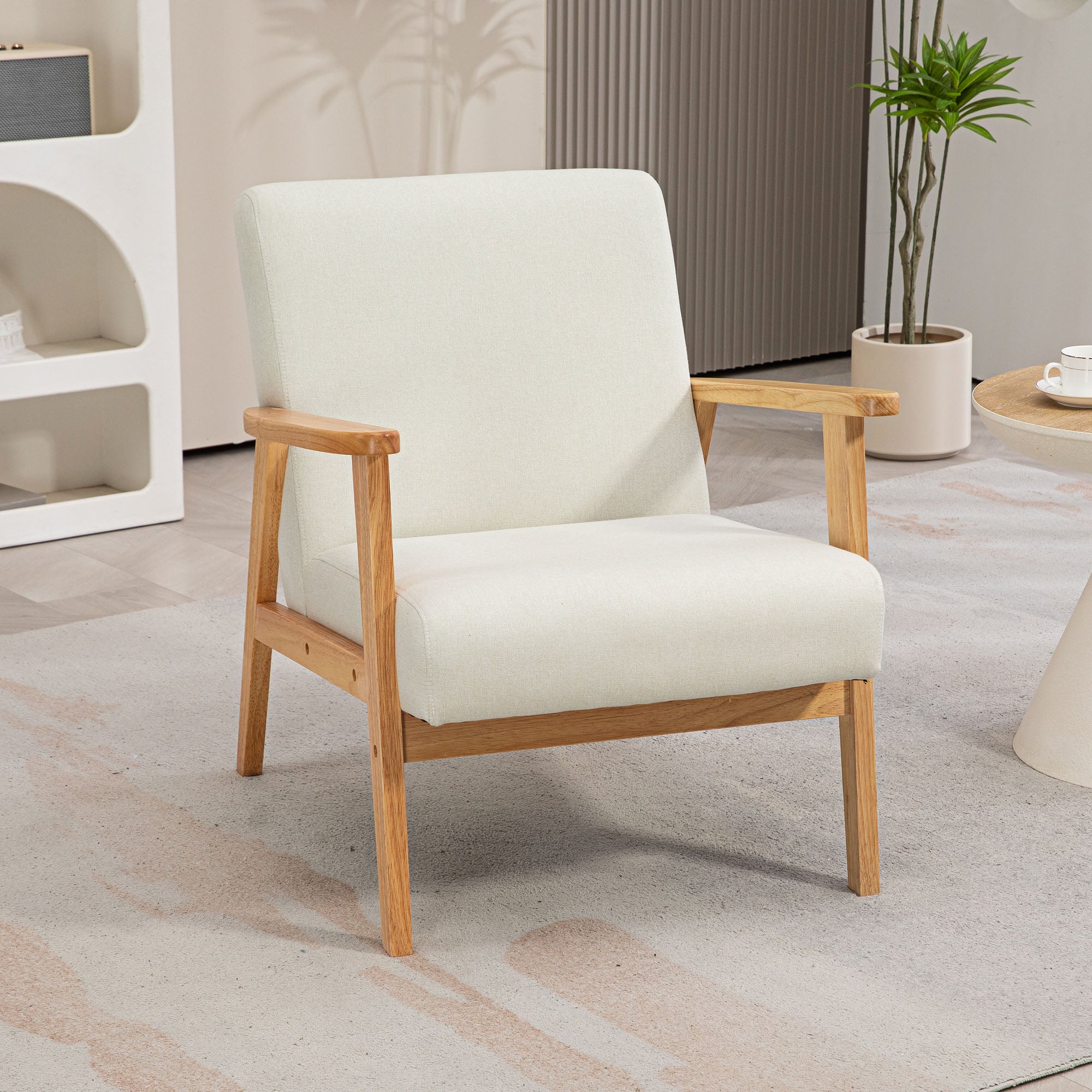 HOMCOM Fabric Accent Chair, Upholstered Armchair, Mid-Century Modern Living Room Chair with Wood Legs and Padded Cushion for Bedroom, Cream White