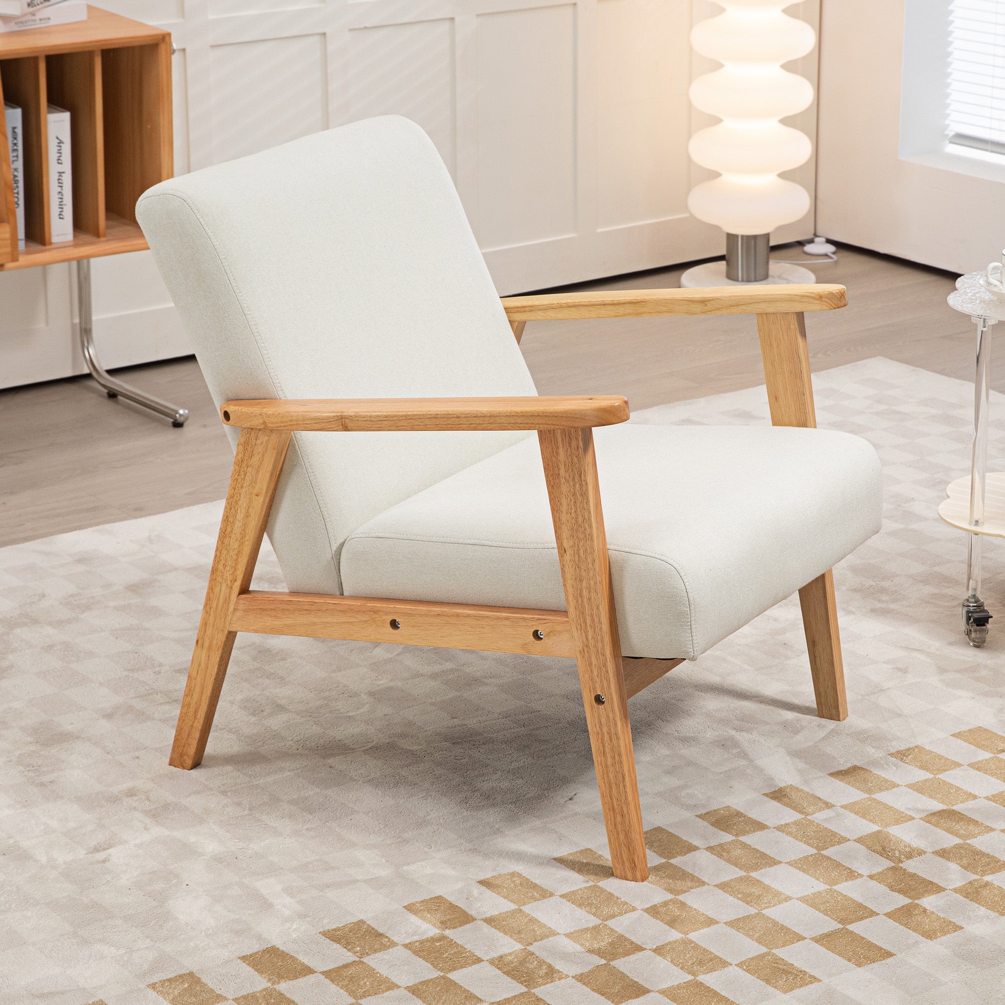 HOMCOM Fabric Accent Chair, Upholstered Armchair, Mid-Century Modern Living Room Chair with Wood Legs and Padded Cushion for Bedroom, Cream White