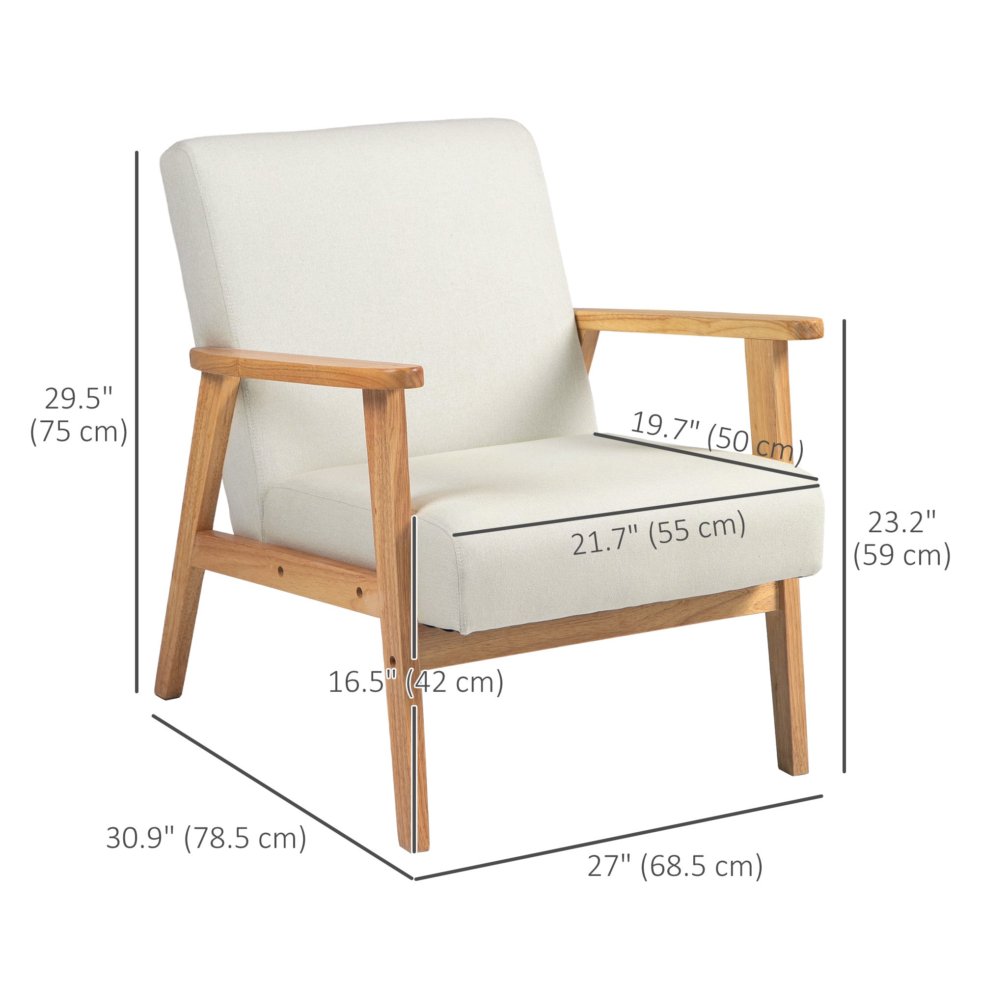 HOMCOM Fabric Accent Chair, Upholstered Armchair, Mid-Century Modern Living Room Chair with Wood Legs and Padded Cushion for Bedroom, Cream White