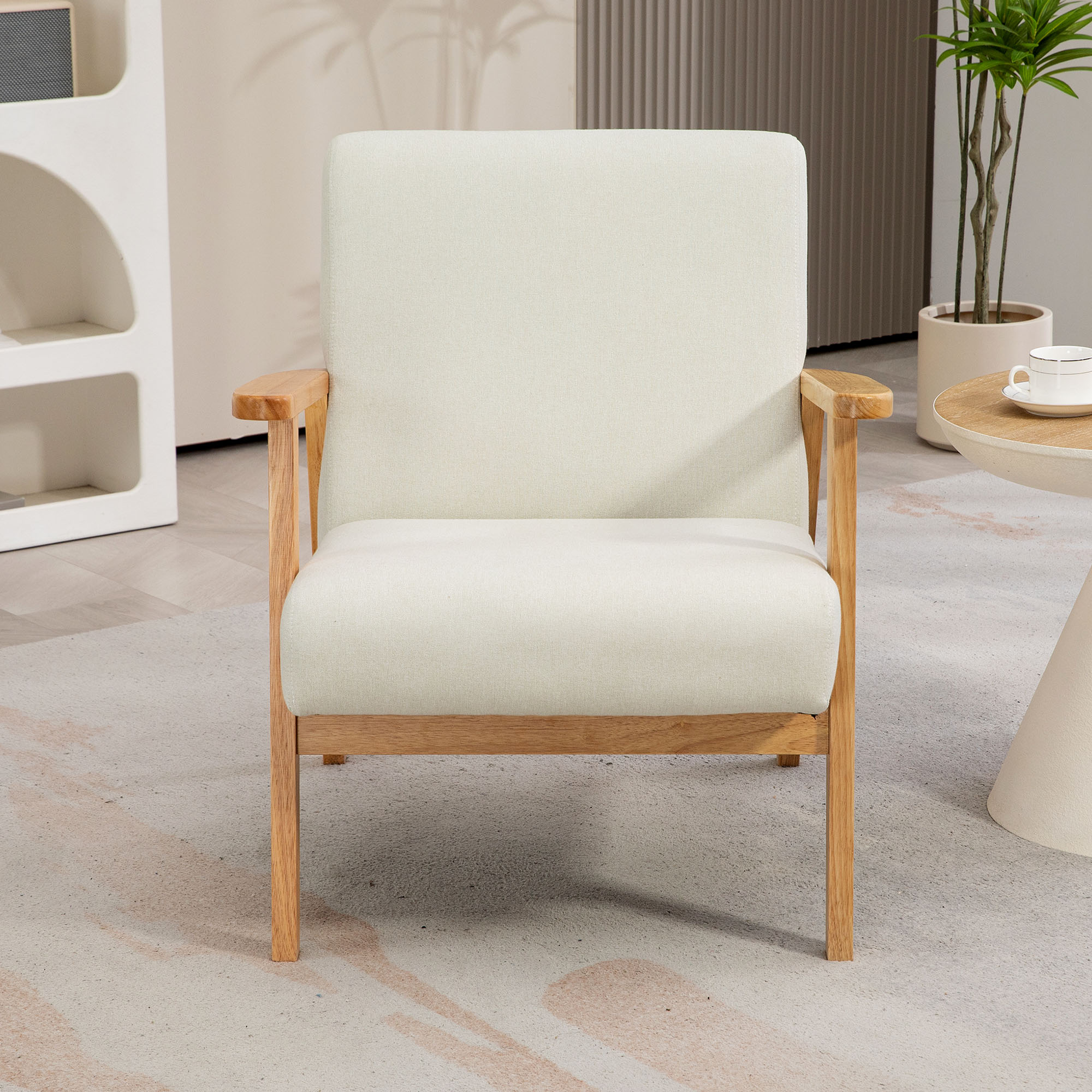 HOMCOM Fabric Accent Chair, Upholstered Armchair, Mid-Century Modern Living Room Chair with Wood Legs and Padded Cushion for Bedroom, Cream White