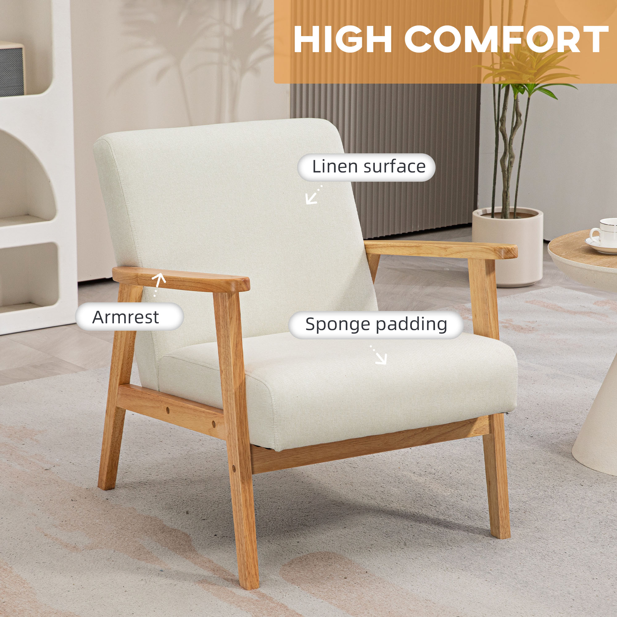 HOMCOM Fabric Accent Chair, Upholstered Armchair, Mid-Century Modern Living Room Chair with Wood Legs and Padded Cushion for Bedroom, Cream White