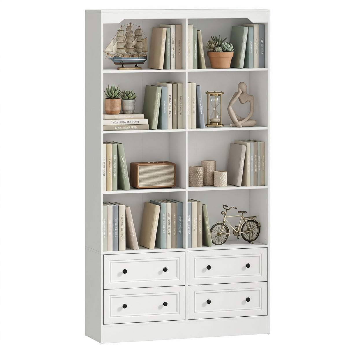 Bookshelf with 8 Cubbies and 4 Drawers, 5-Tier Double Wide Bookcase, Tall Bookcase with Storage, Standing Book Cabinet for Home Office, White