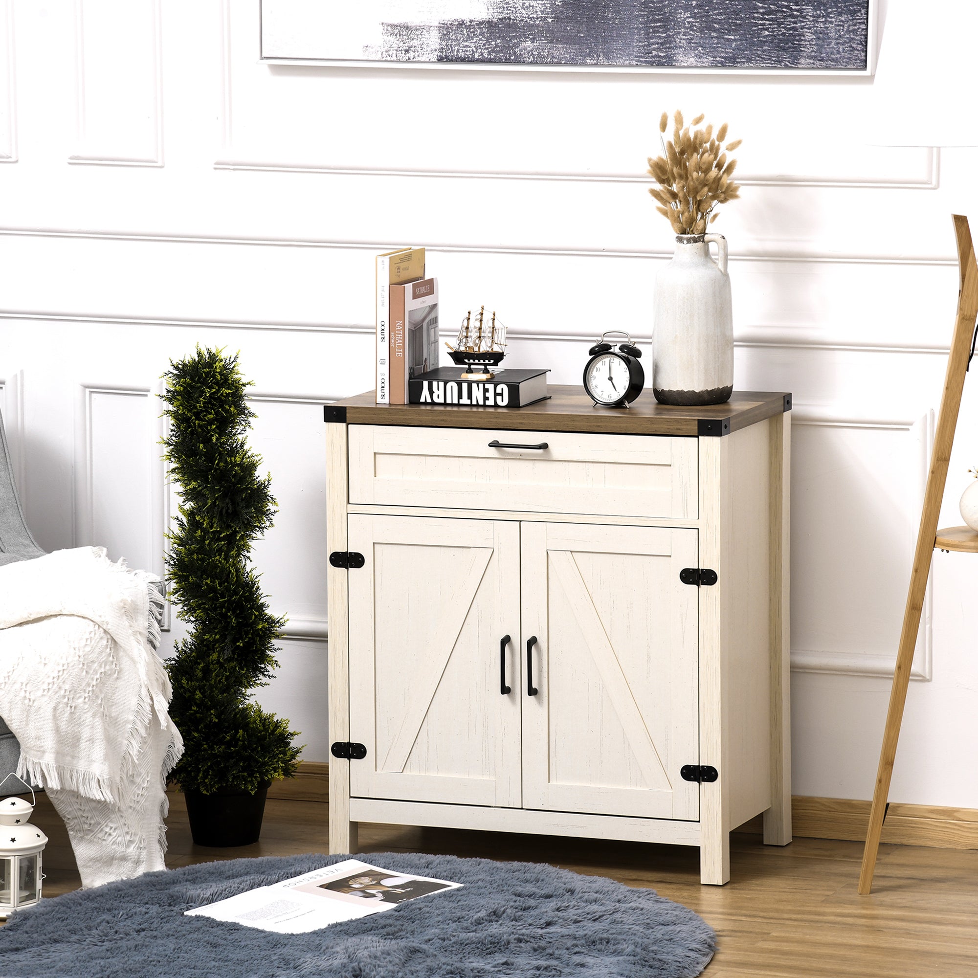 HOMCOM Sideboard Buffet Cabinet, Farmhouse Kitchen Storage Cabinet with Rustic Barn Door and Drawer, White