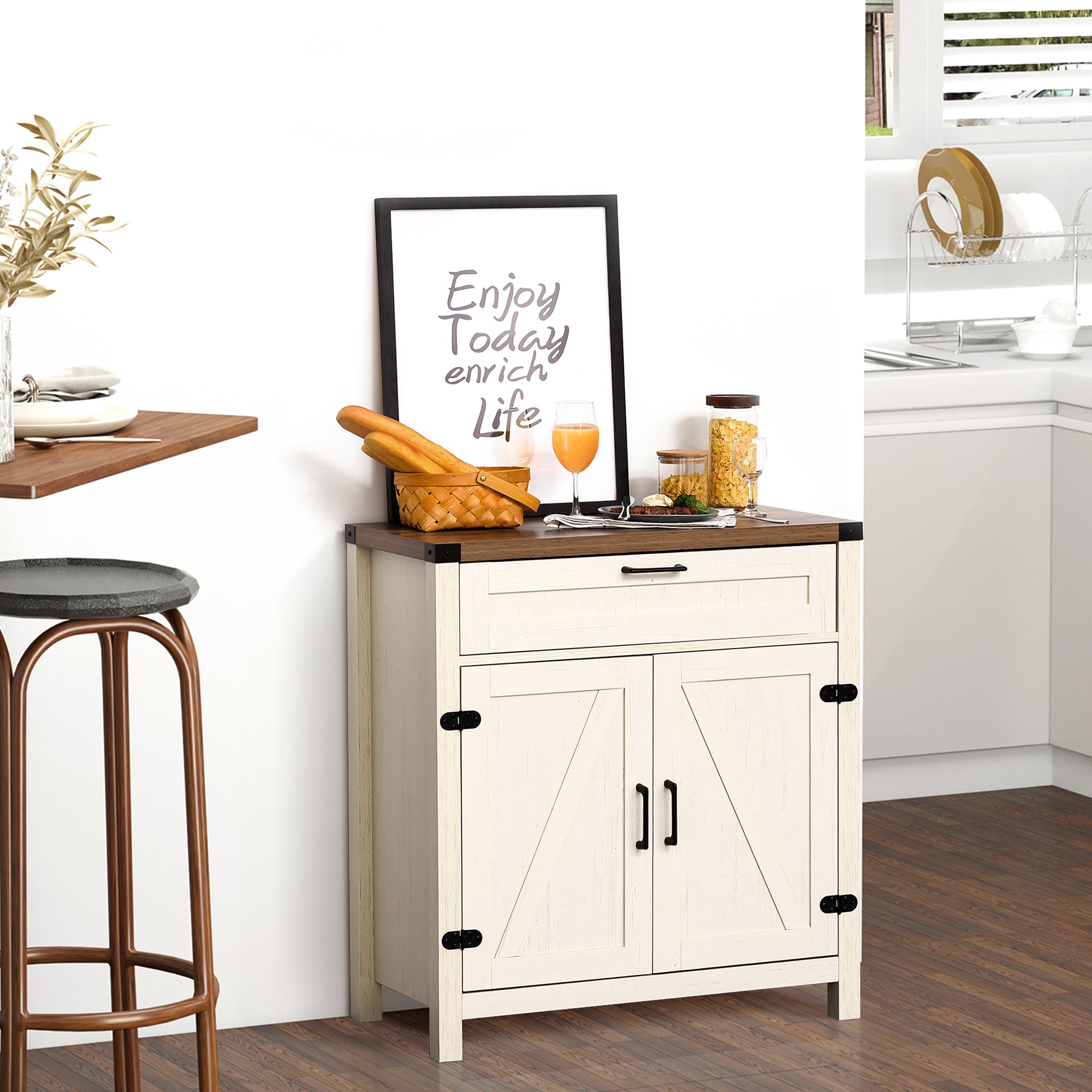 HOMCOM Sideboard Buffet Cabinet, Farmhouse Kitchen Storage Cabinet with Rustic Barn Door and Drawer, White