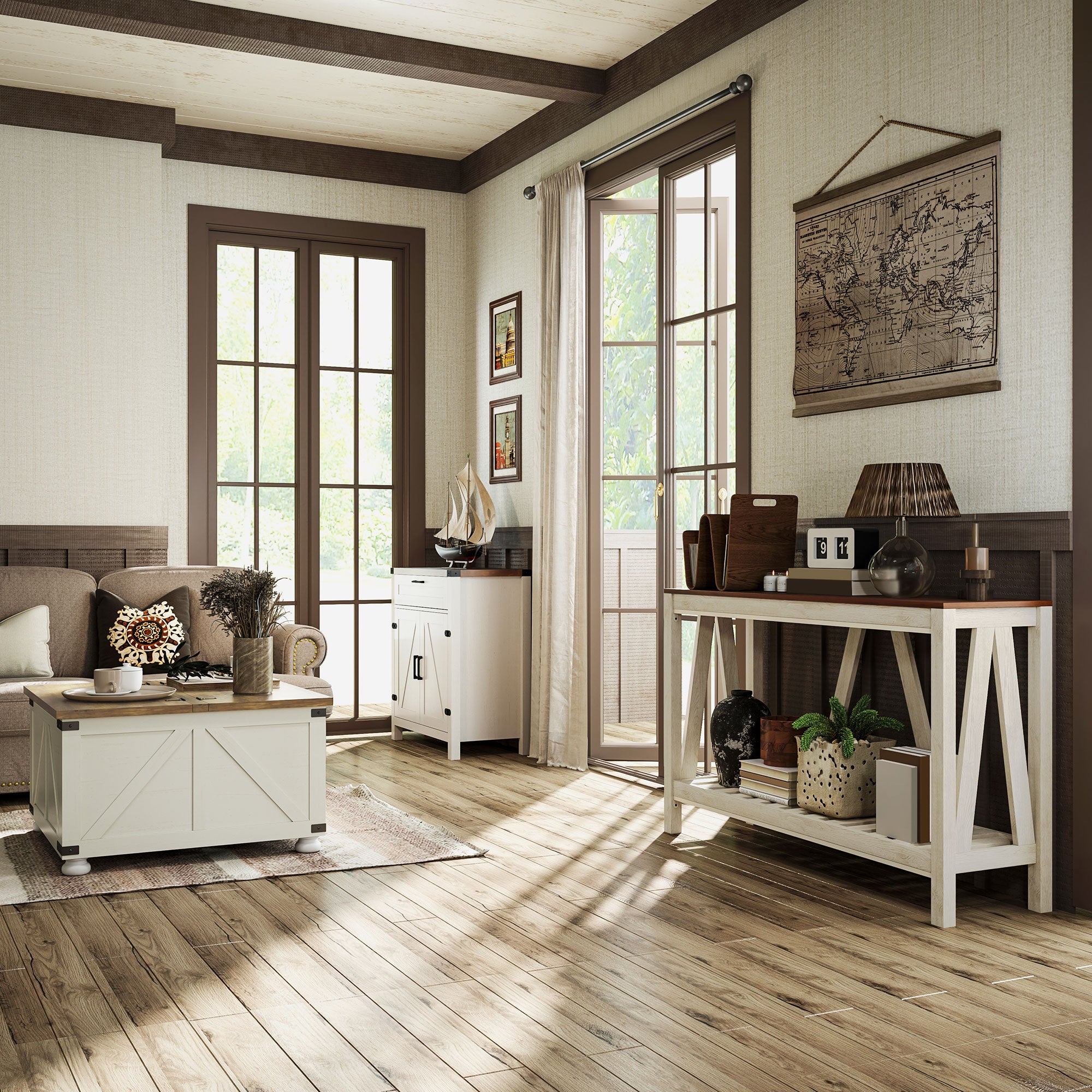 HOMCOM Sideboard Buffet Cabinet, Farmhouse Kitchen Storage Cabinet with Rustic Barn Door and Drawer, White