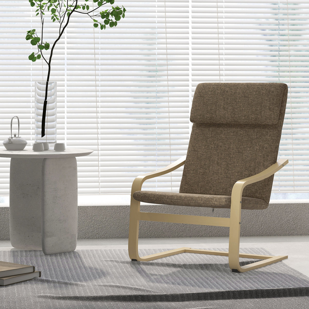 Modern Accent Chair, Linen-Feel Upholstered Living Room Chair with Wood Curved Legs and Wide Padded Seat for Balcony, Dark Brown