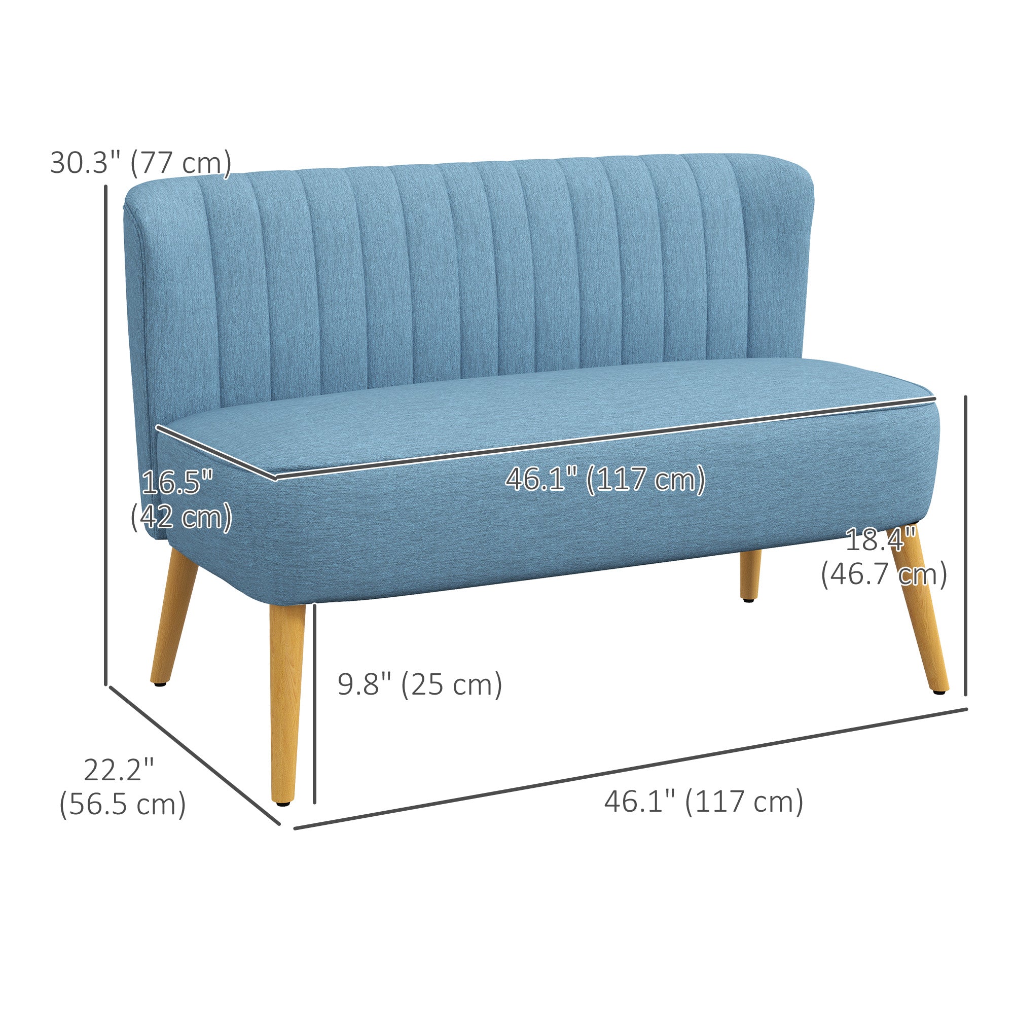 HOMCOM 46" Fabric Loveseat Sofa, Upholstered 2 Seater Couch with Rubber Wood Legs for Bedroom, Living Room, Blue