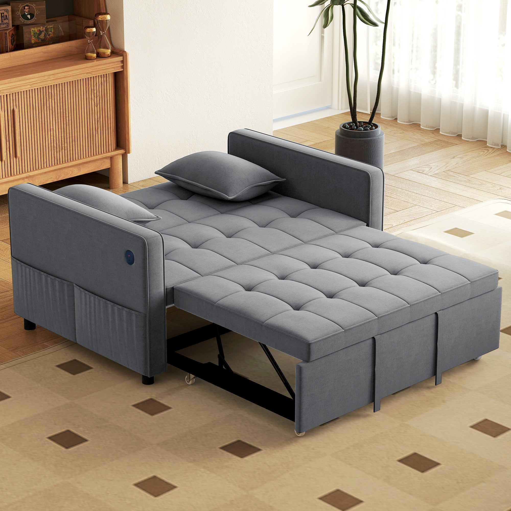 3‑in‑1 Convertible Sofa Bed, Pull Out Sleeper Sofa with USB Charging, Adjustable Backrest, Side Pockets, Sleeper Couch for Living Room, Small Space, Apartment, Dark Grey