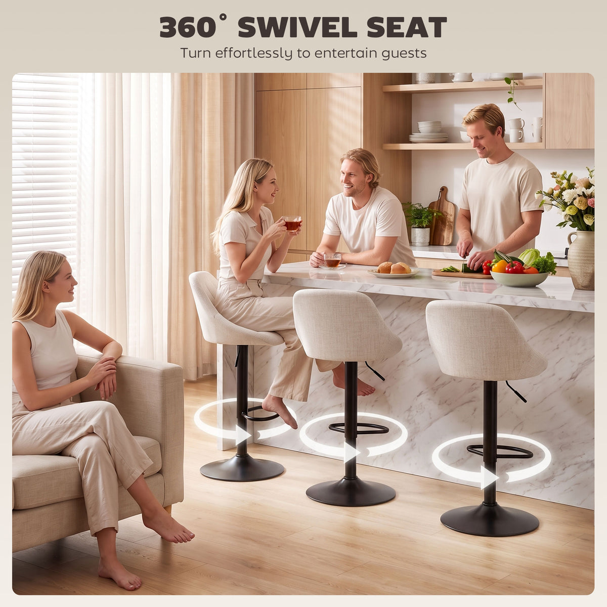 Bar Stools Set of 3, Swivel Counter Height Bar Stools with Backrest, Modern Adjustable Linen-Look Bar Chairs, Armless for Kitchen Island, Cream White