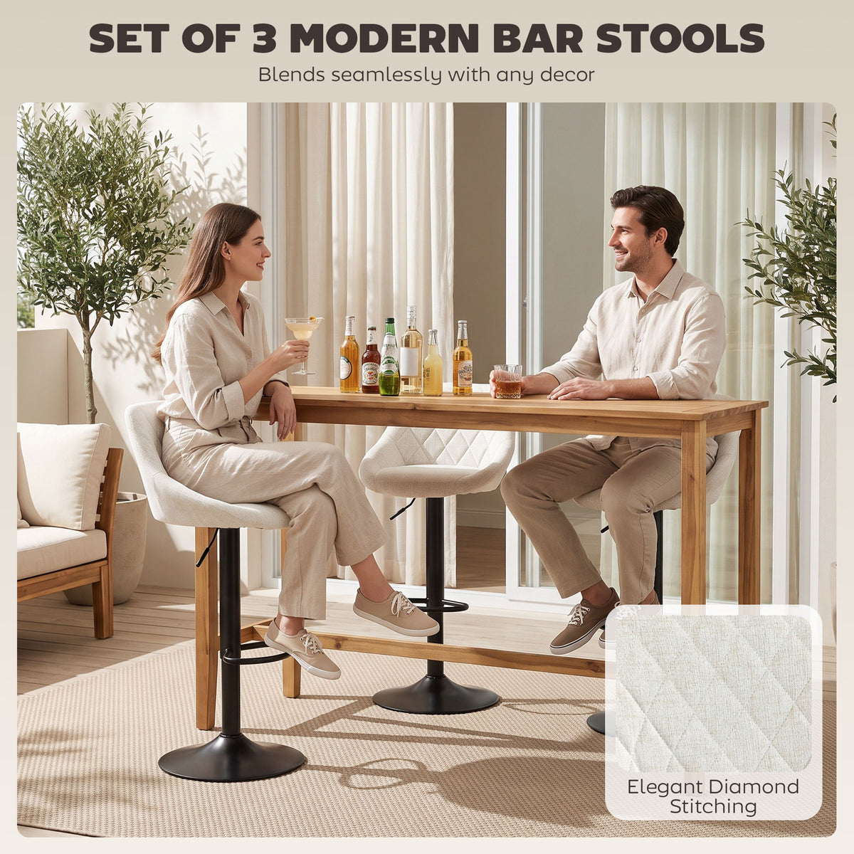Bar Stools Set of 3, Swivel Counter Height Bar Stools with Backrest, Modern Adjustable Linen-Look Bar Chairs, Armless for Kitchen Island, Cream White