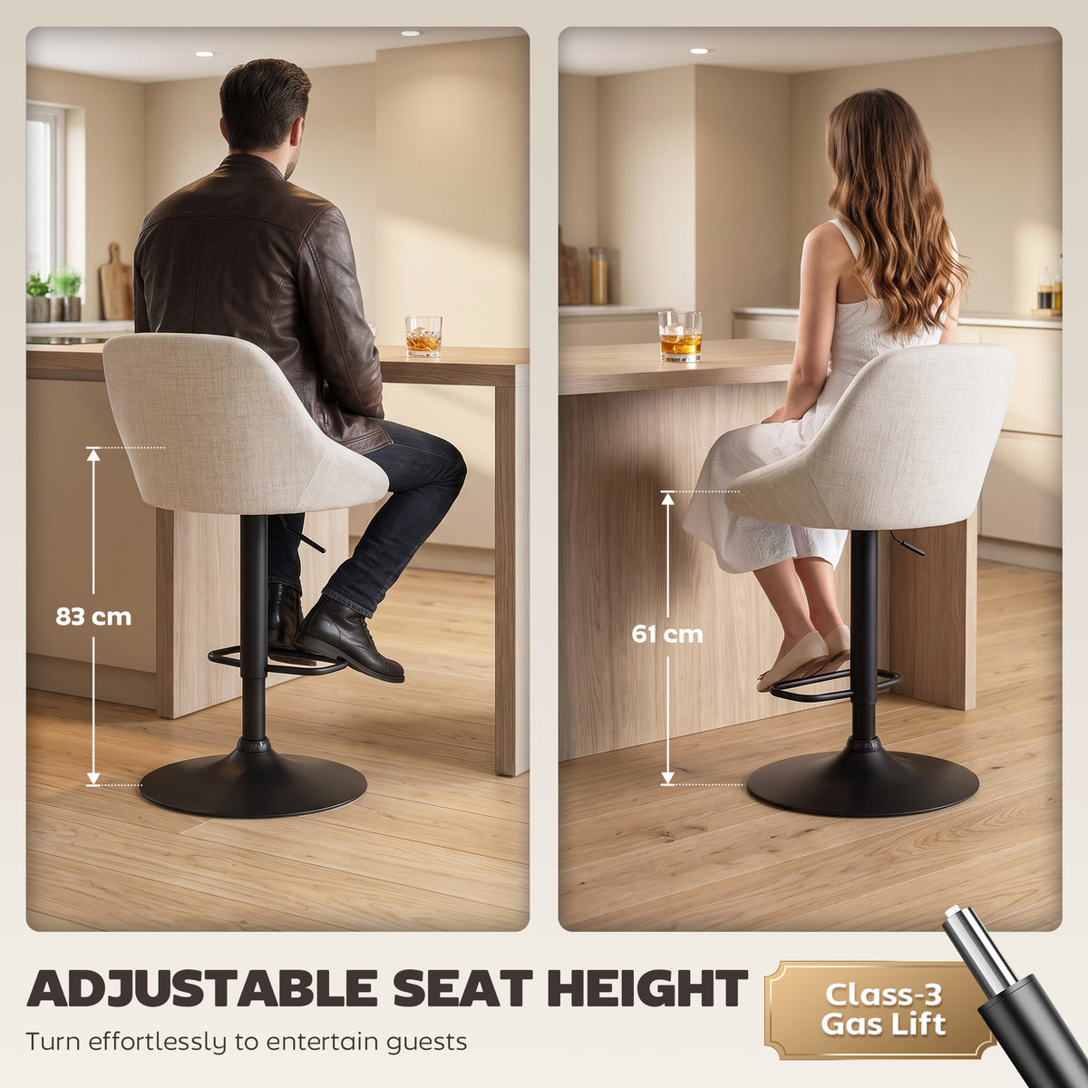Bar Stools Set of 3, Swivel Counter Height Bar Stools with Backrest, Modern Adjustable Linen-Look Bar Chairs, Armless for Kitchen Island, Cream White