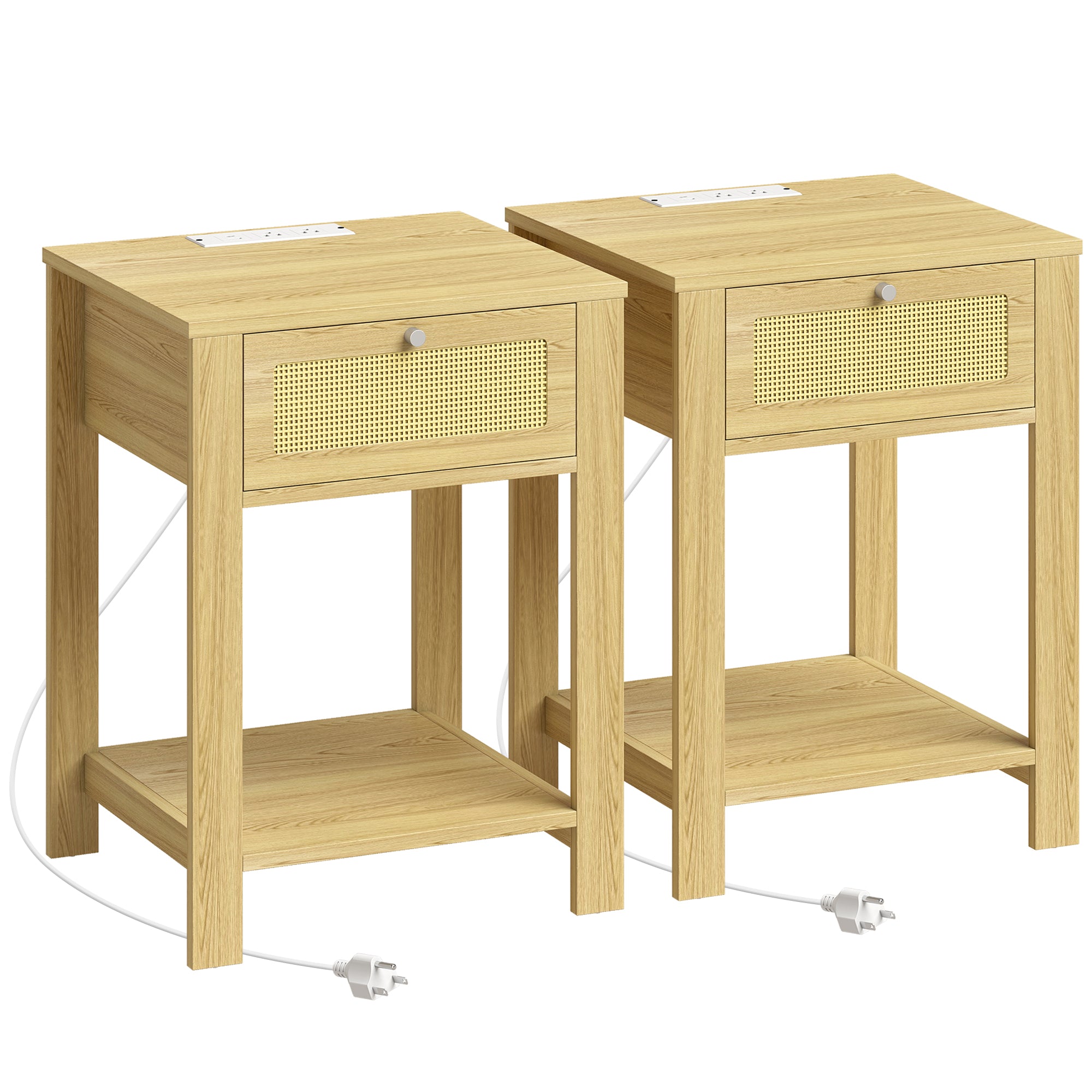End Table Set of 2 with Charging Station, Bed Side Tables Set with Drawer, Open Storage Shelf, Rattan-Like Drawer Front, Modern Farmhouse for Living Room, Natural Wood