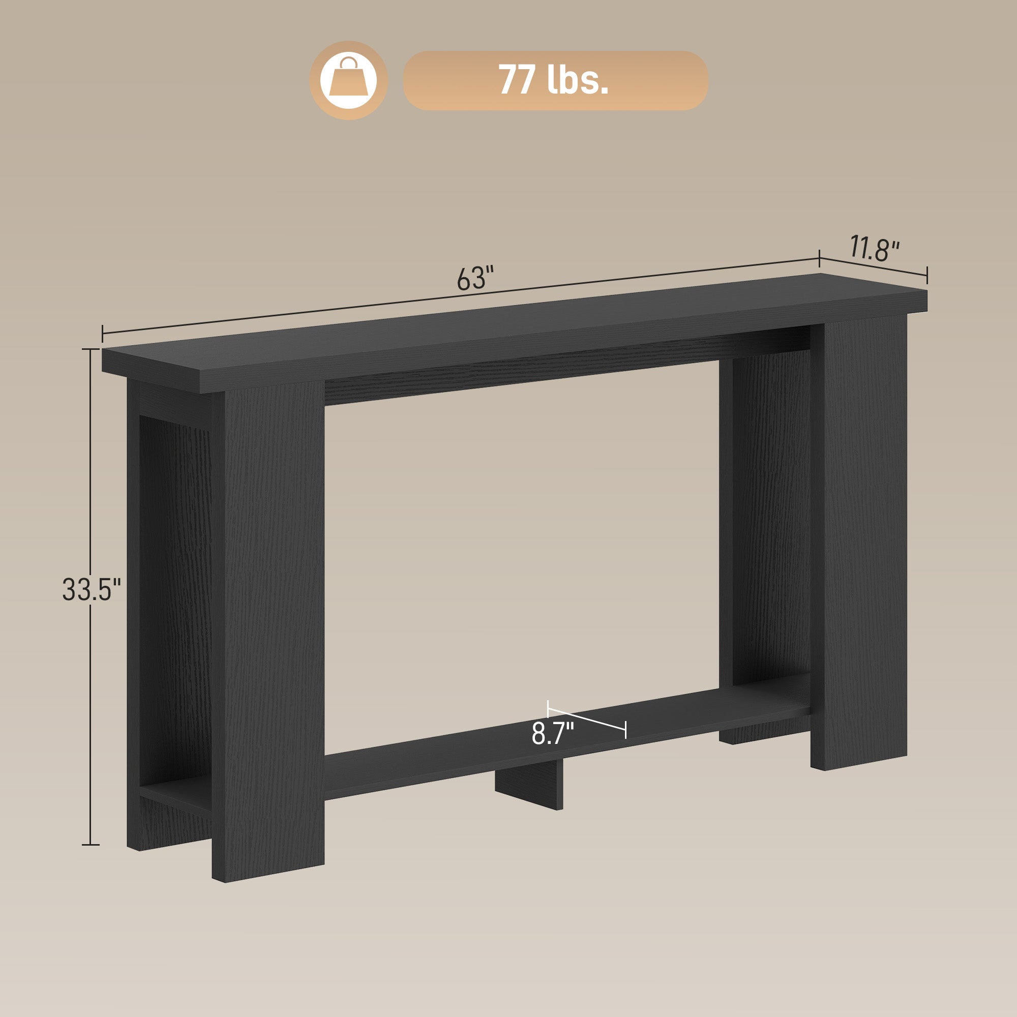 Farmhouse Console Table, 63" Narrow Entryway Table with Storage Shelf and Thickened Tabletop for Living Room, Hallway, Entrance, Distressed Black