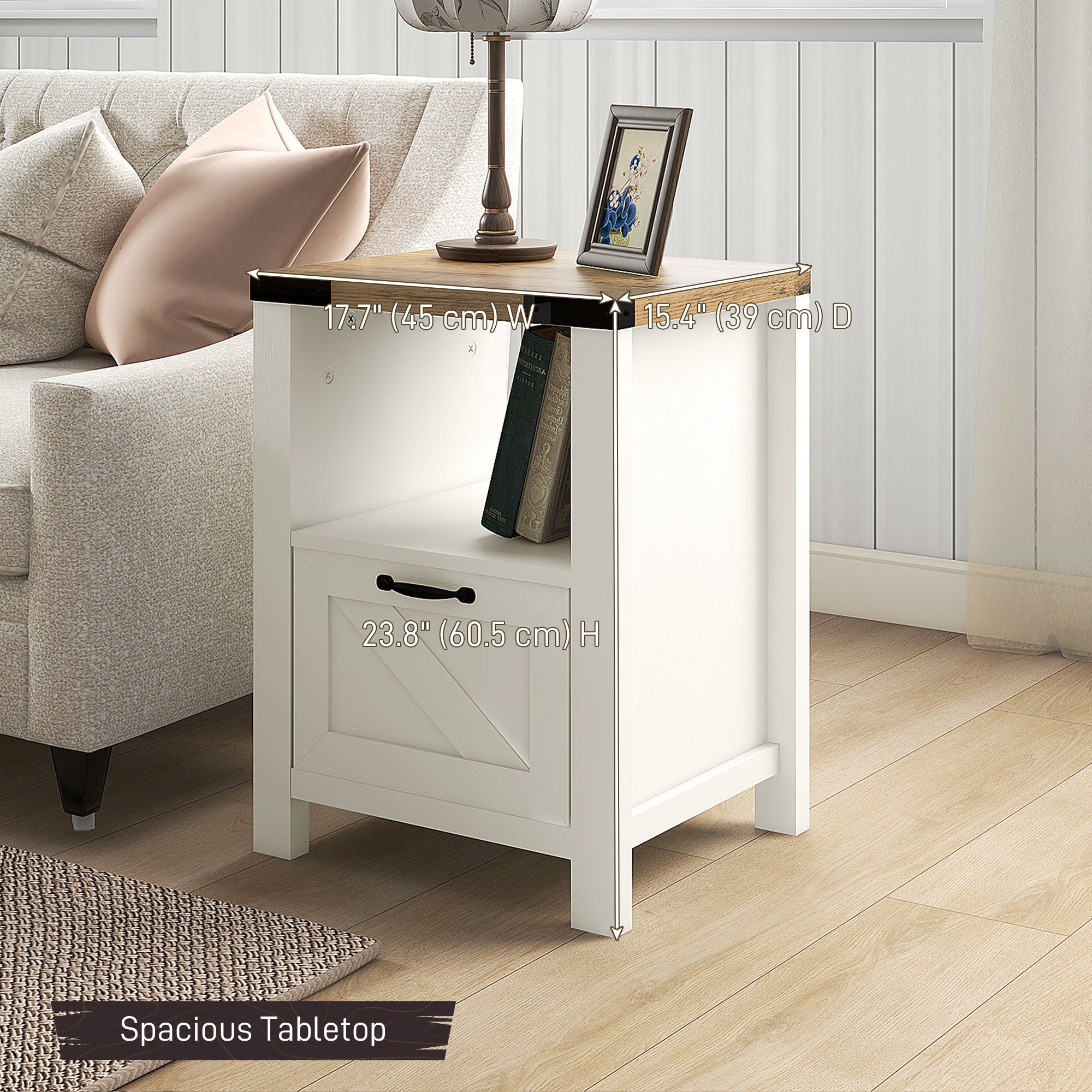 HOMCOM Side Table with Storage, Farmhouse End Table with Drawer, Open Shelf and Barn-style Panel, Accent Table for Living Room, Bedroom, White