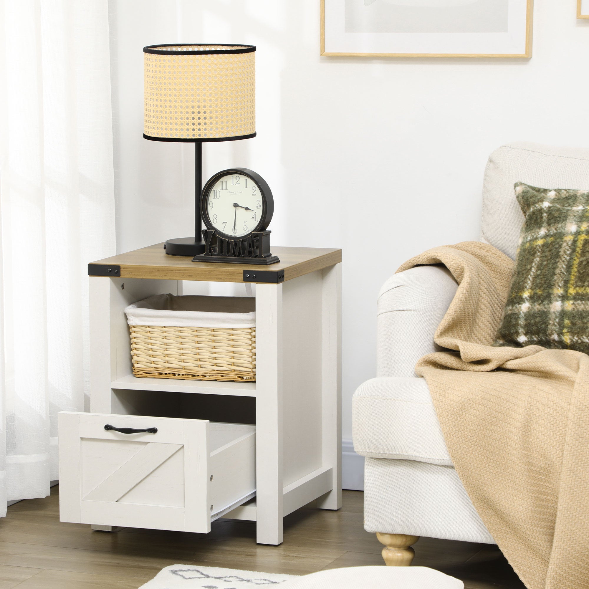 Farmhouse End Table with Storage for Living Room White