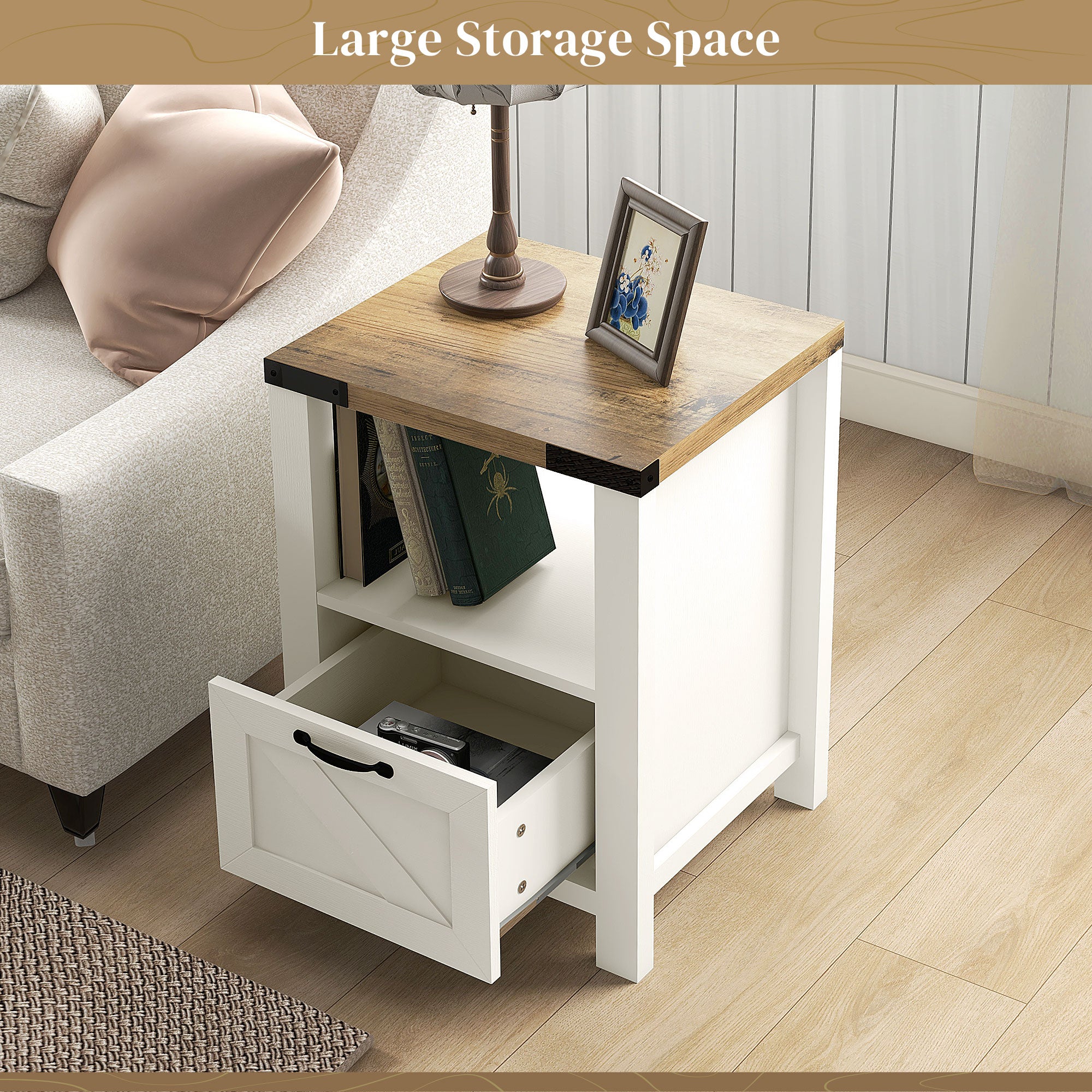 HOMCOM Side Table with Storage, Farmhouse End Table with Drawer, Open Shelf and Barn-style Panel, Accent Table for Living Room, Bedroom, White