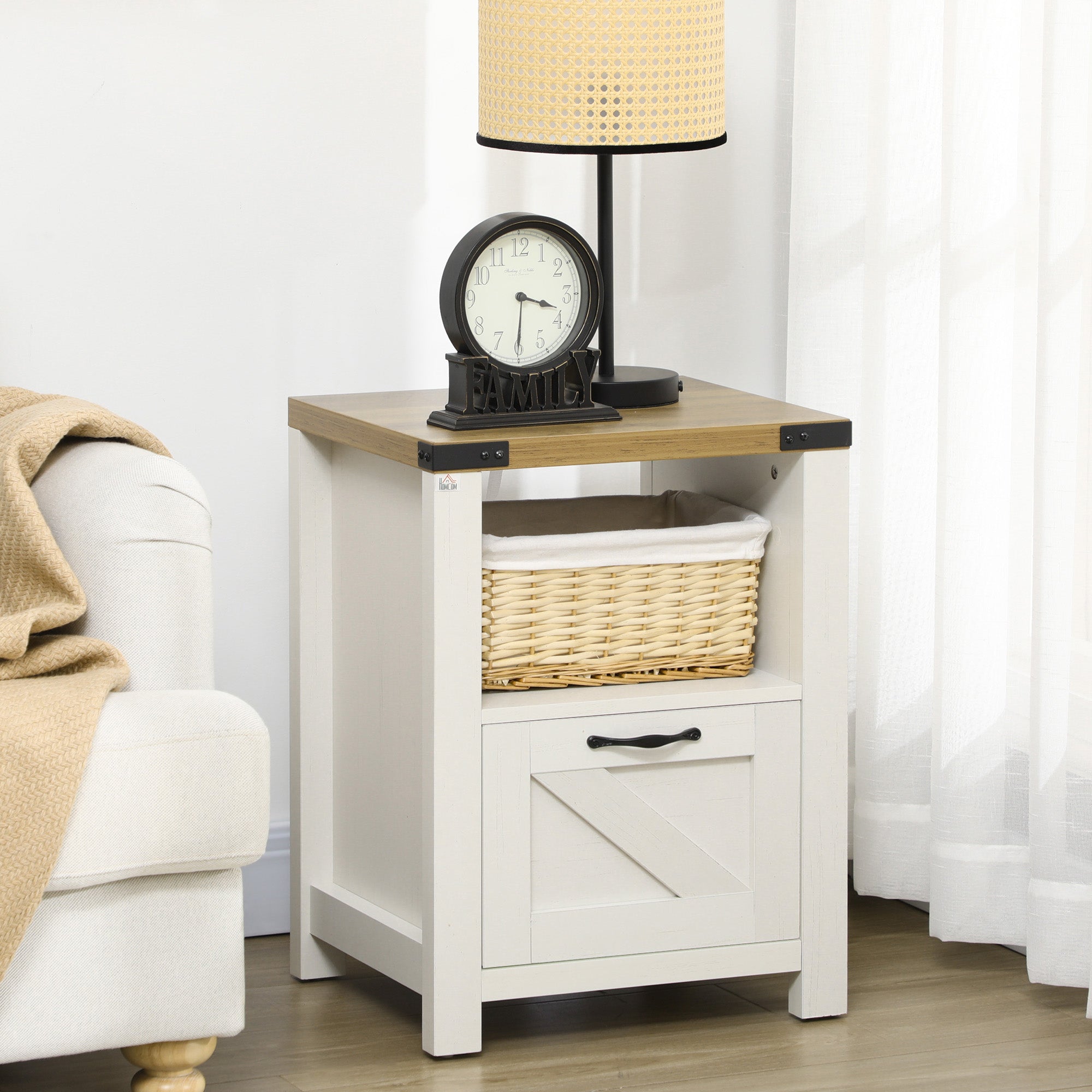 Farmhouse End Table with Storage for Living Room White