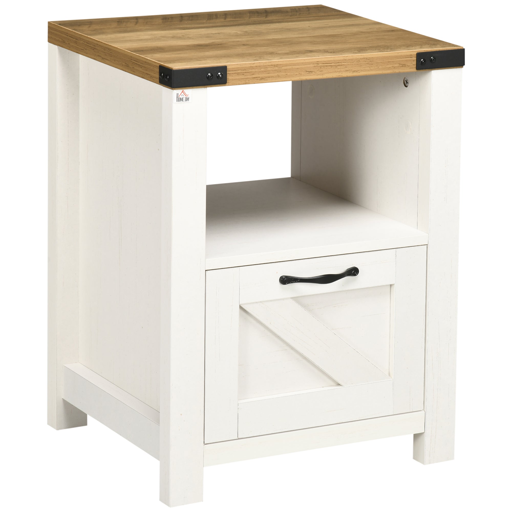 Farmhouse End Table with Storage for Living Room White